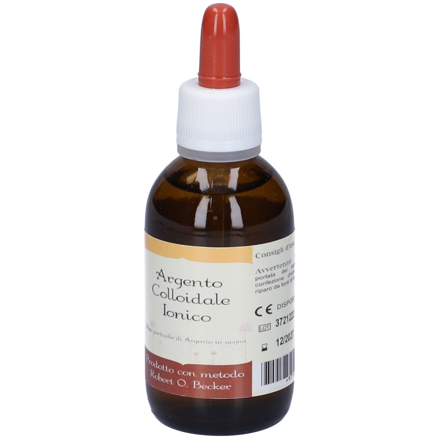 Flacone in vetro marrone con contagocce. Argento Colloidale Ionico. Etichetta con testo. Marchio CE. Scadenza.