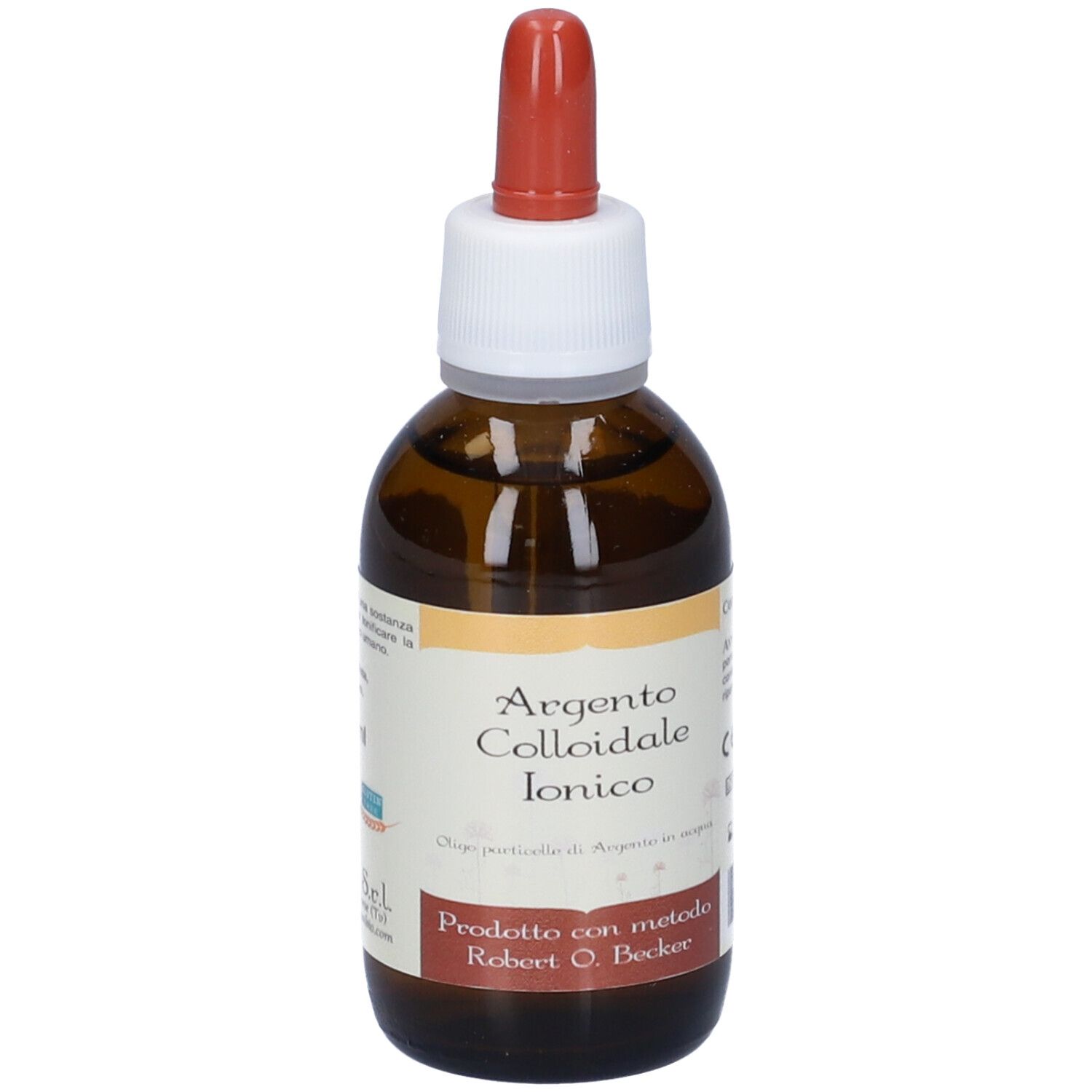 Flacone in vetro marrone con contagocce. Argento Colloidale Ionico. Etichetta con testo. Marchio CE.