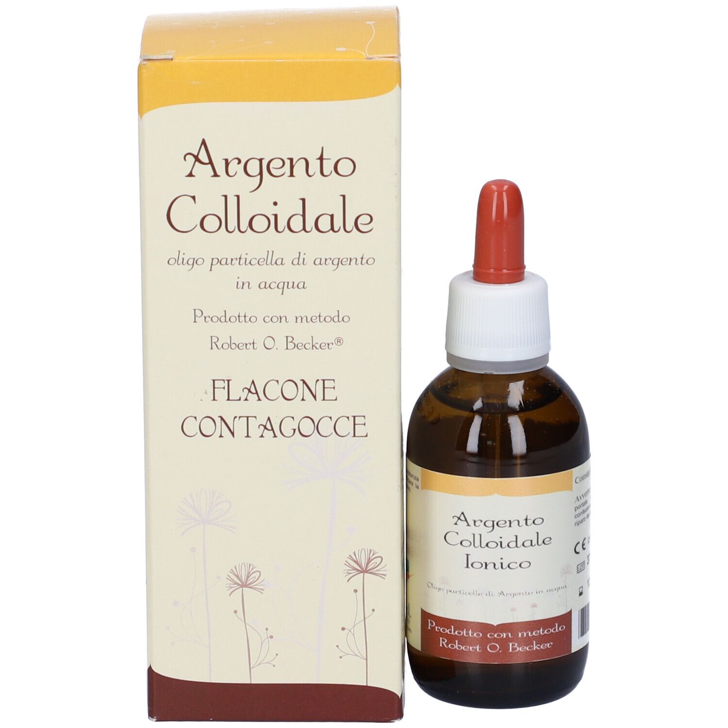 Confezione e flacone. Argento Colloidale Ionico. Flacone contagocce. Testo in italiano.