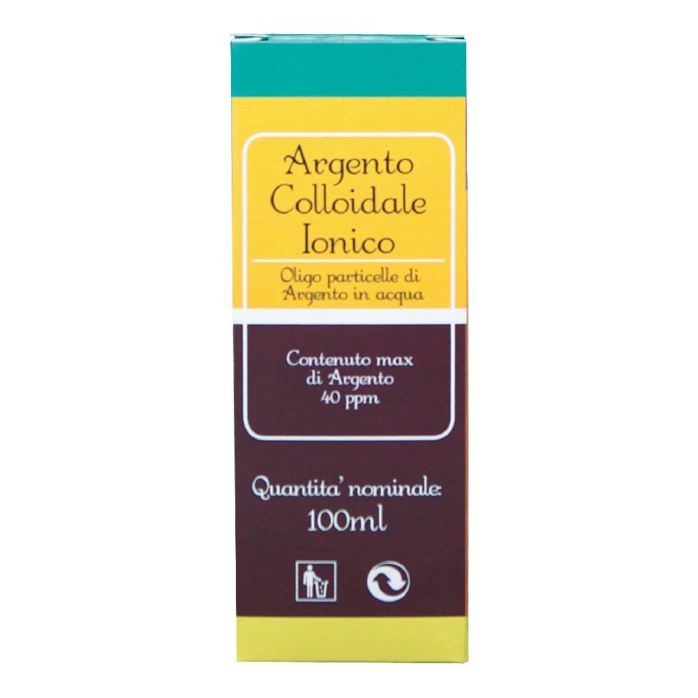 Scatola Argento Colloidale Ionico, verde, giallo e marrone. Contiene 40 ppm. Scritta in italiano.