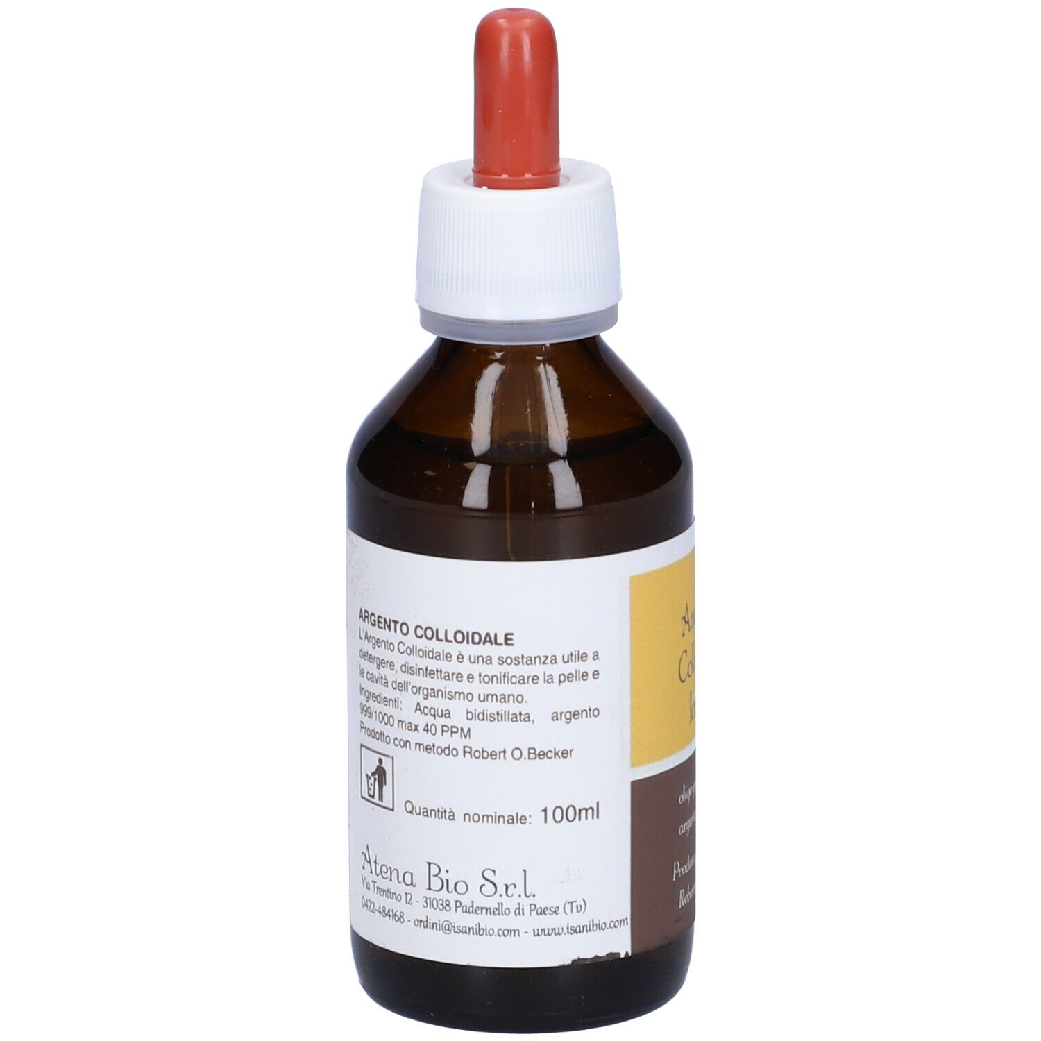 Flacone di vetro marrone con contagocce. Etichetta Argento Colloidale Ionico. Etichetta con testo e logo.