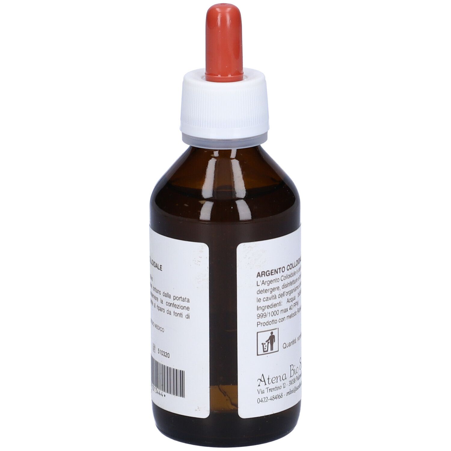 Flacone di vetro marrone con contagocce. Etichetta Argento Colloidale Ionico. Etichetta con testo e logo.