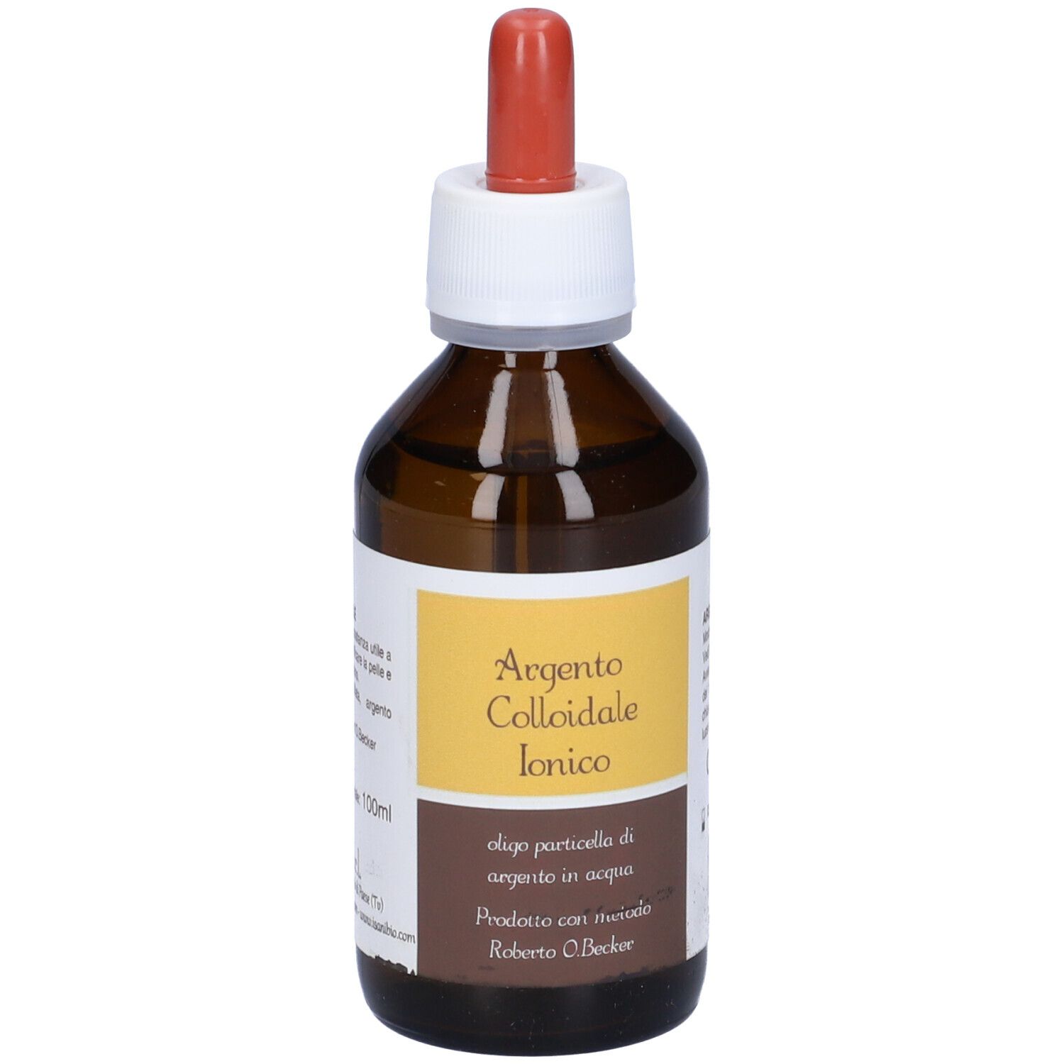 Flacone di vetro marrone con contagocce. Etichetta Argento Colloidale Ionico. Etichetta con testo e logo.