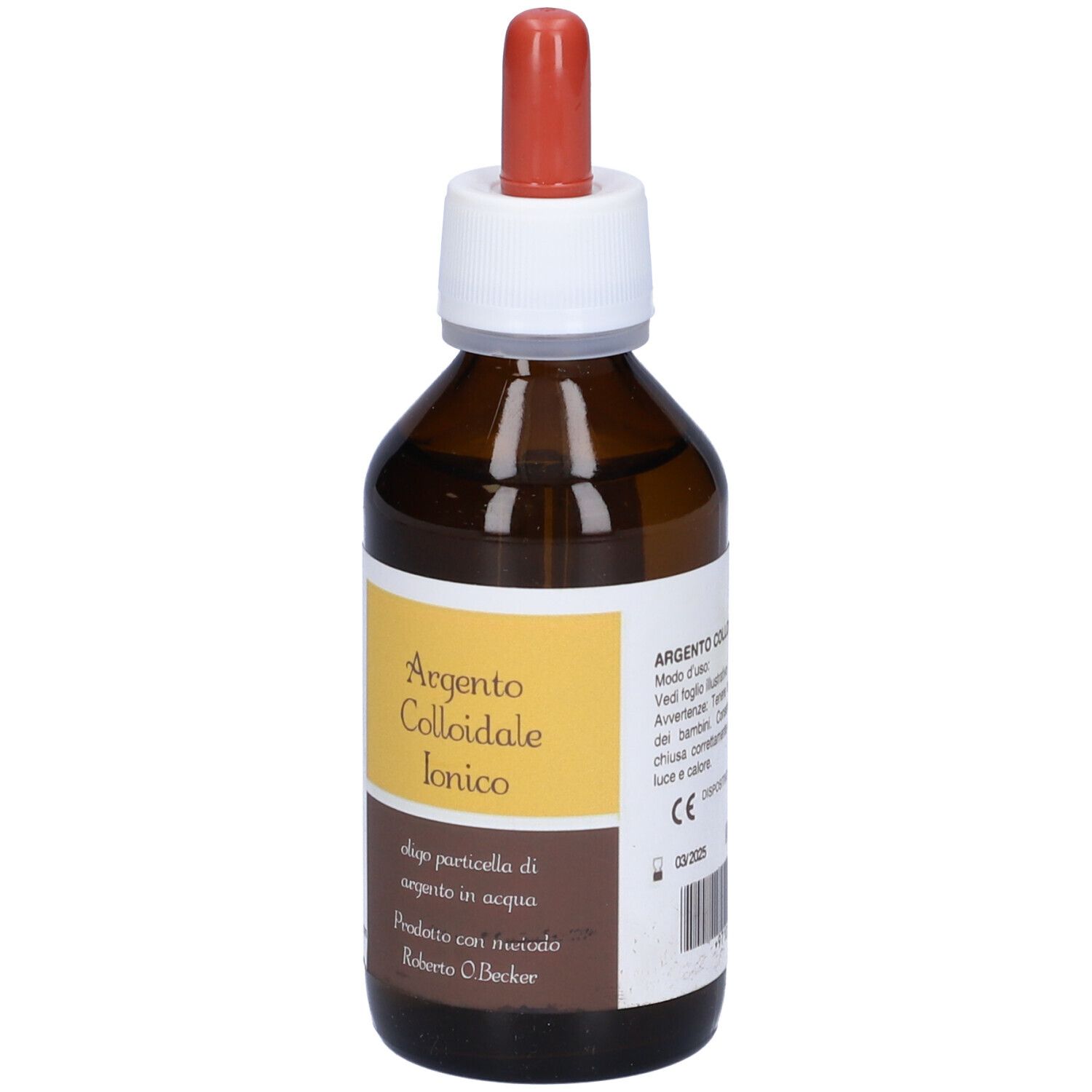 Flacone di vetro marrone con contagocce. Etichetta Argento Colloidale Ionico. Etichetta con testo e logo.