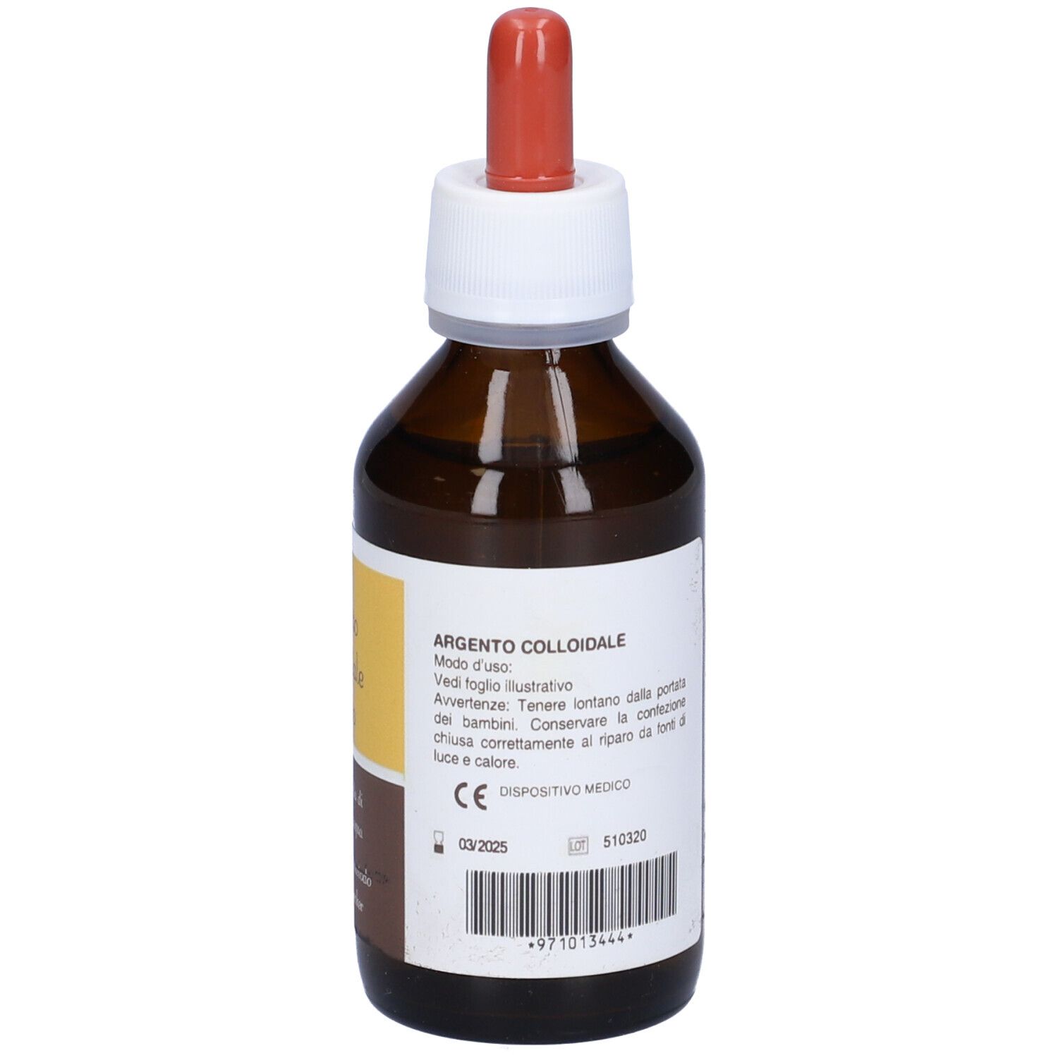 Flacone di vetro marrone con contagocce. Etichetta Argento Colloidale Ionico. Etichetta con testo e logo.