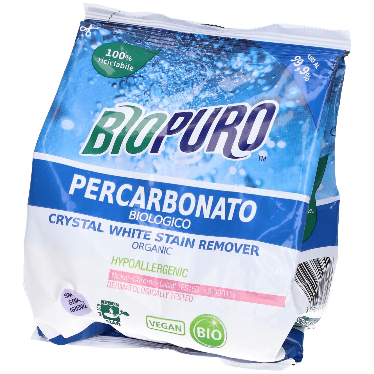 Confezione di Biopuro Percarbonato. Testo principale: Crystal White Stain Remover. Vegano, biologico, ipoallergenico.