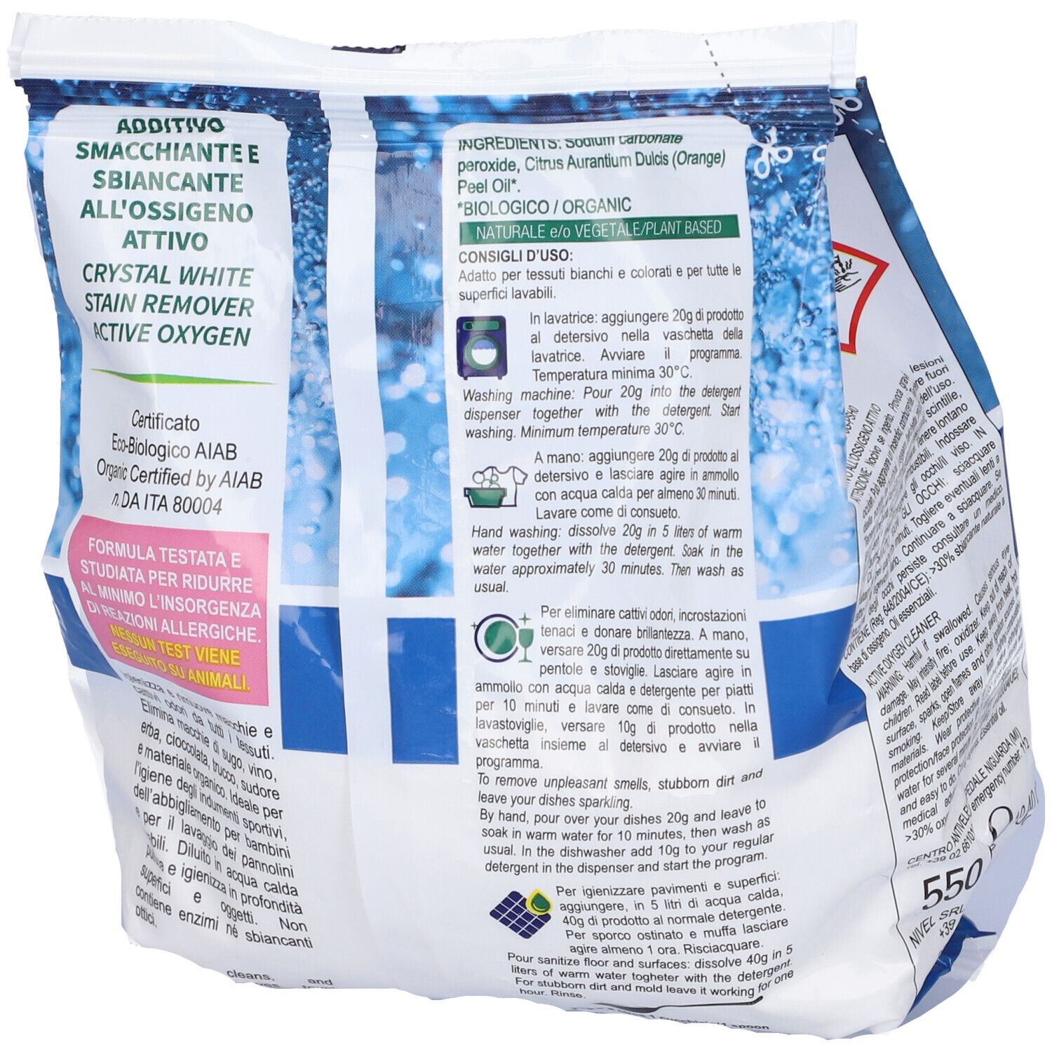 Retro della confezione di Biopuro Percarbonato. Testo sugli ingredienti e l'uso. Certificato da AIAI.