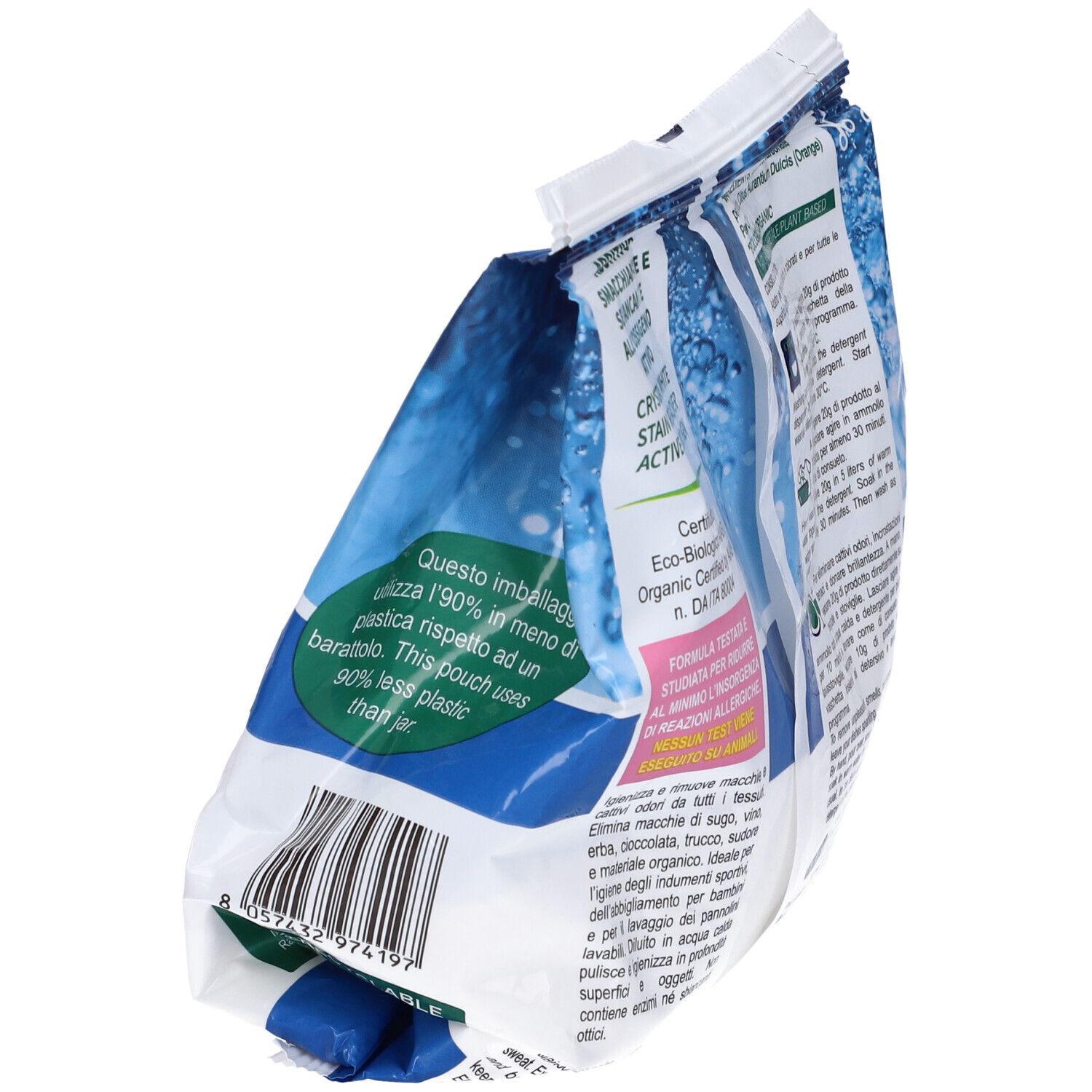 Confezione di Biopuro Percarbonato. Testo: Questo sacchetto utilizza il 90% in meno di plastica. Certificato da AIAI.