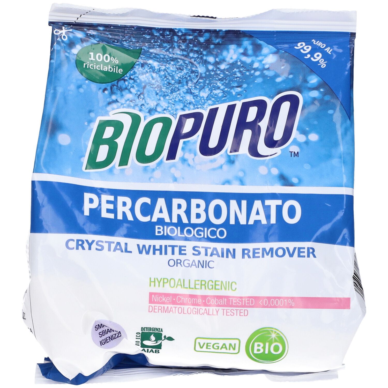 Confezione di Biopuro Percarbonato. Testo principale: Crystal White Stain Remover. Vegano, biologico, ipoallergenico. Certificato.