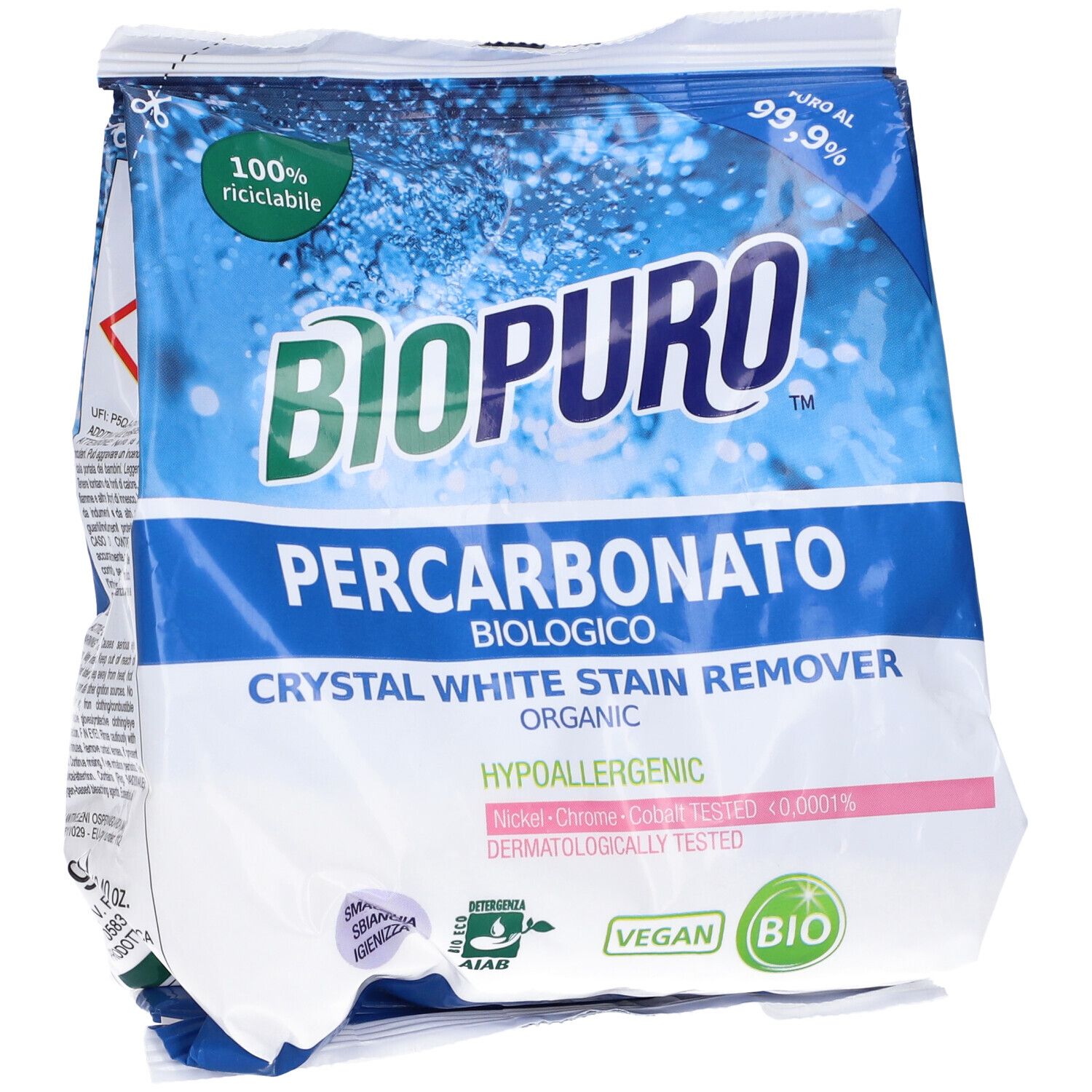 Confezione di Biopuro Percarbonato. Testo principale: Crystal White Stain Remover. Vegano, biologico, ipoallergenico. Certificato.