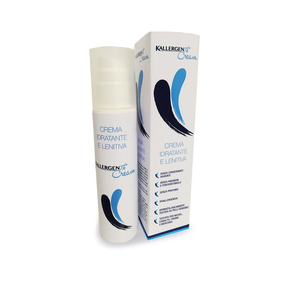 Tubo e scatola di crema. Scritta: Kallergen Cream. Testo: Crema Idratante e Lenitiva. Grafica blu e nera.