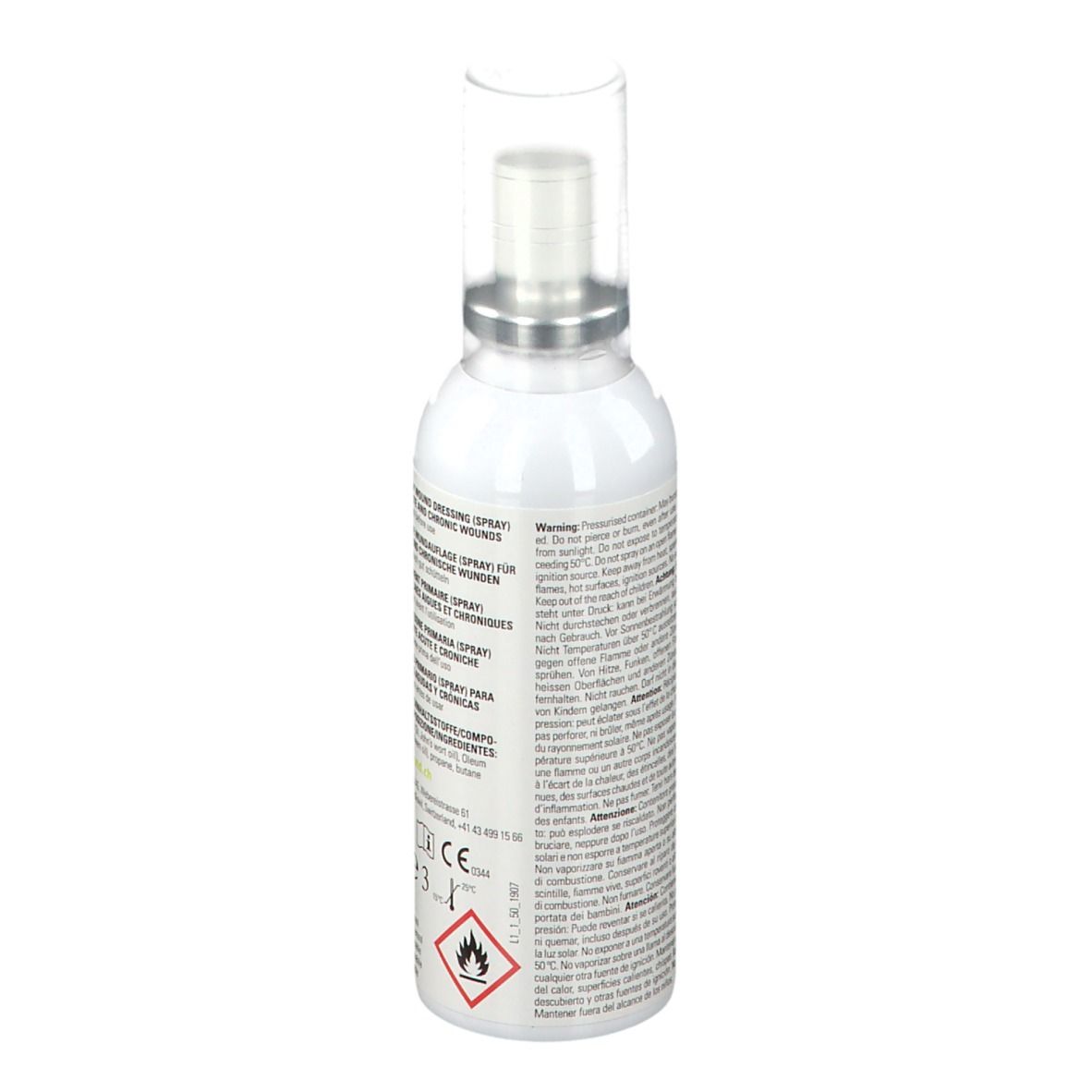 Retro dello spray. Testo in più lingue. Contiene informazioni sugli ingredienti e avvertenze.