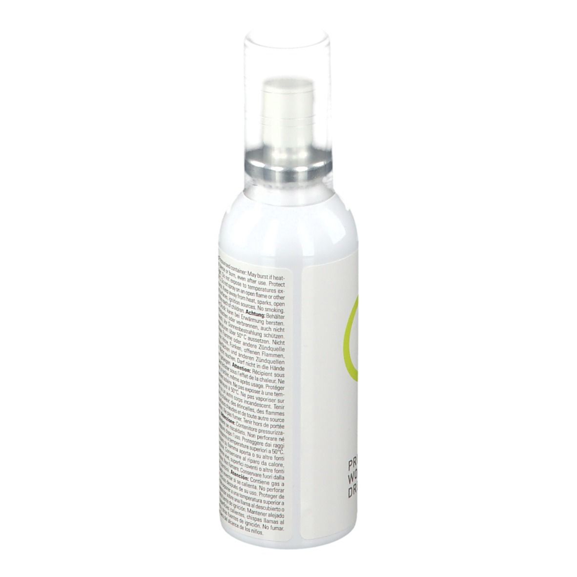 Retro dello spray. Testo in più lingue. Contiene informazioni sugli ingredienti e avvertenze.