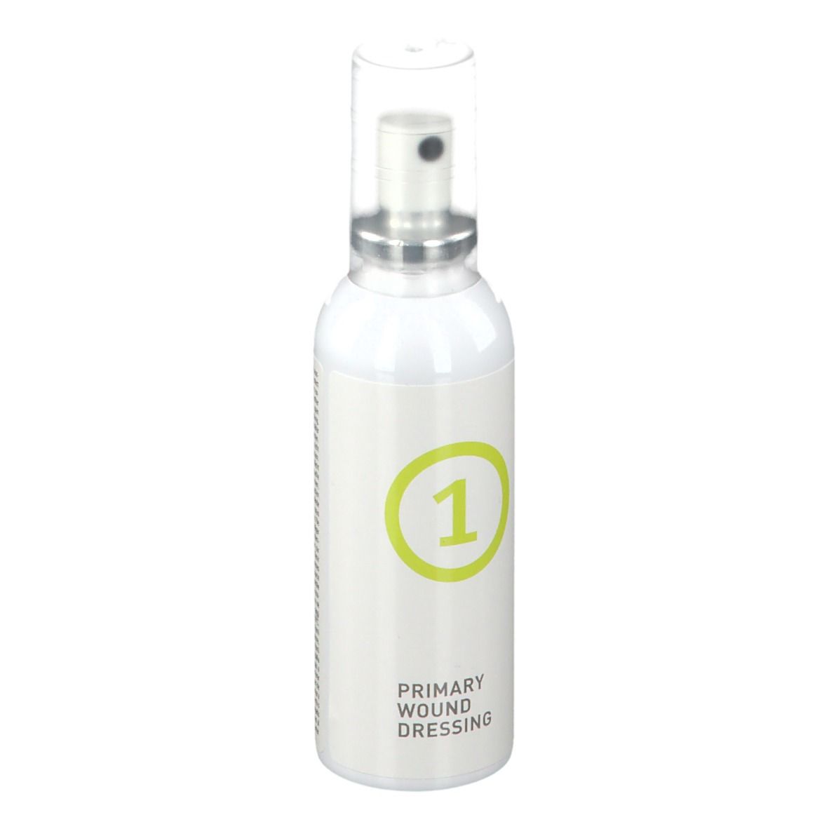 Spray bianco con cerchio verde e numero 1. Scritta: PRIMARY WOUND DRESSING.