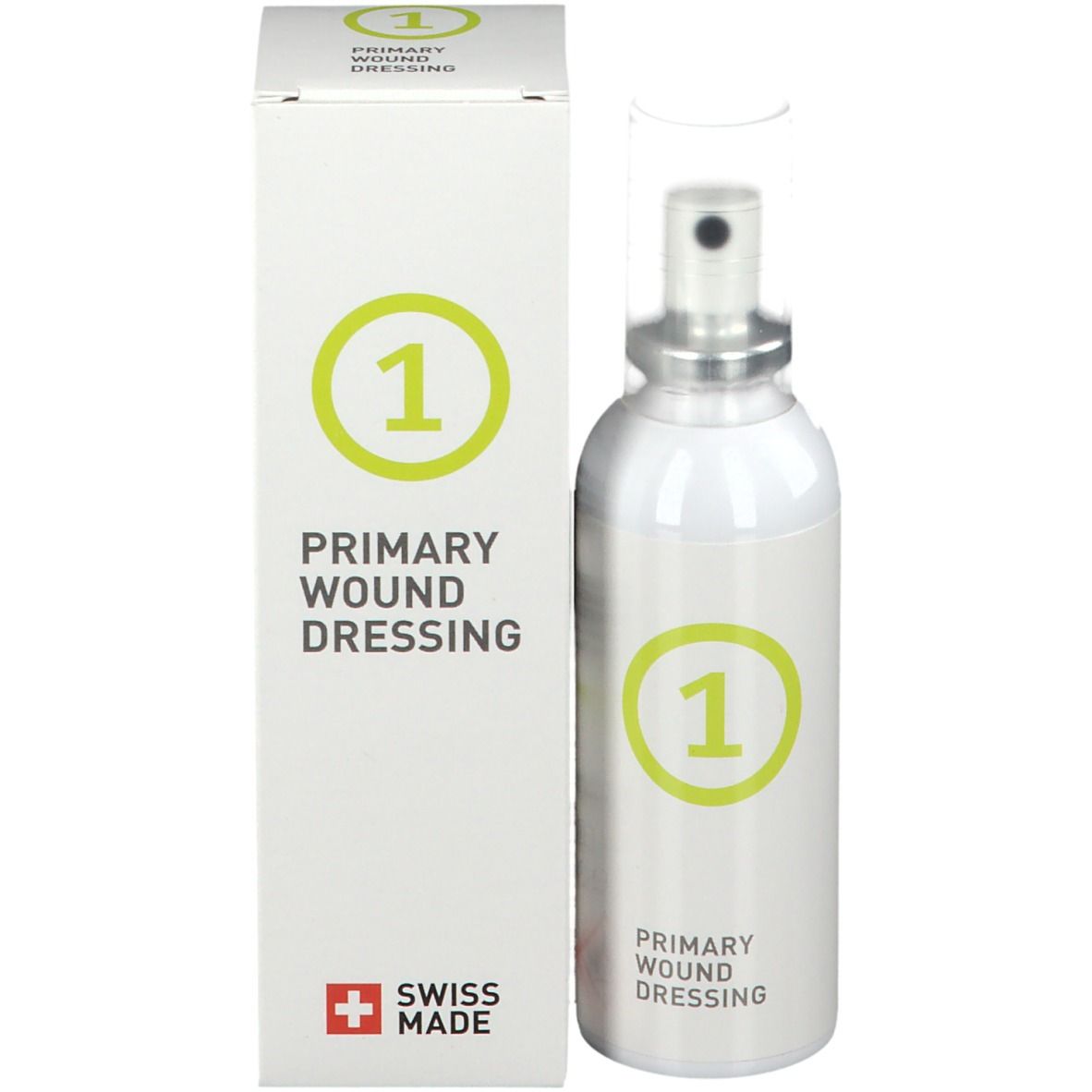 Spray e confezione. Scritta: PRIMARY WOUND DRESSING. Cerchio verde con il numero 1. Swiss Made.