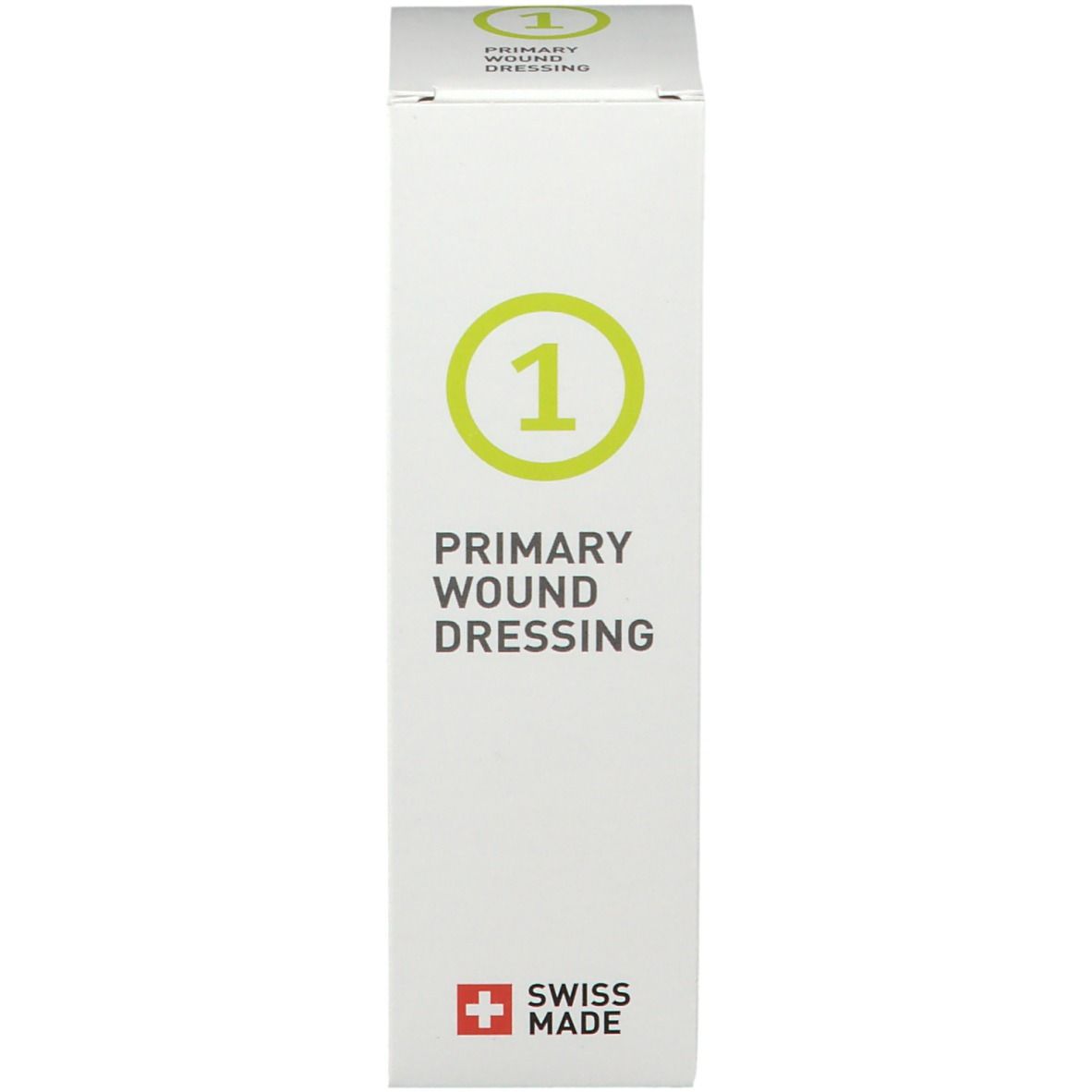 Confezione bianca. Scritta: PRIMARY WOUND DRESSING. Cerchio verde con il numero 1. Swiss Made.