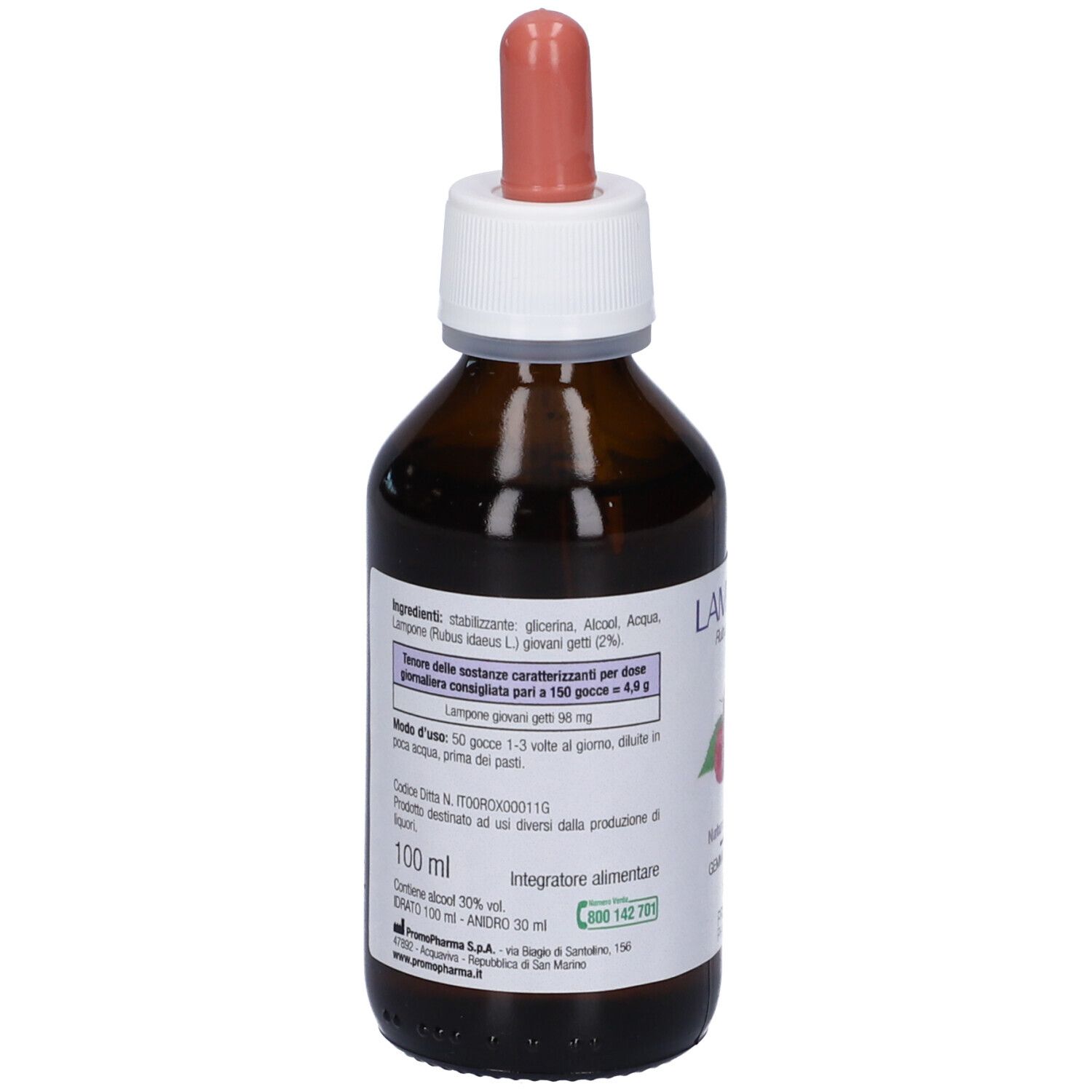 Flacone di vetro marrone con contagocce. Retro con ingredienti e istruzioni per l'uso. 100 ml.