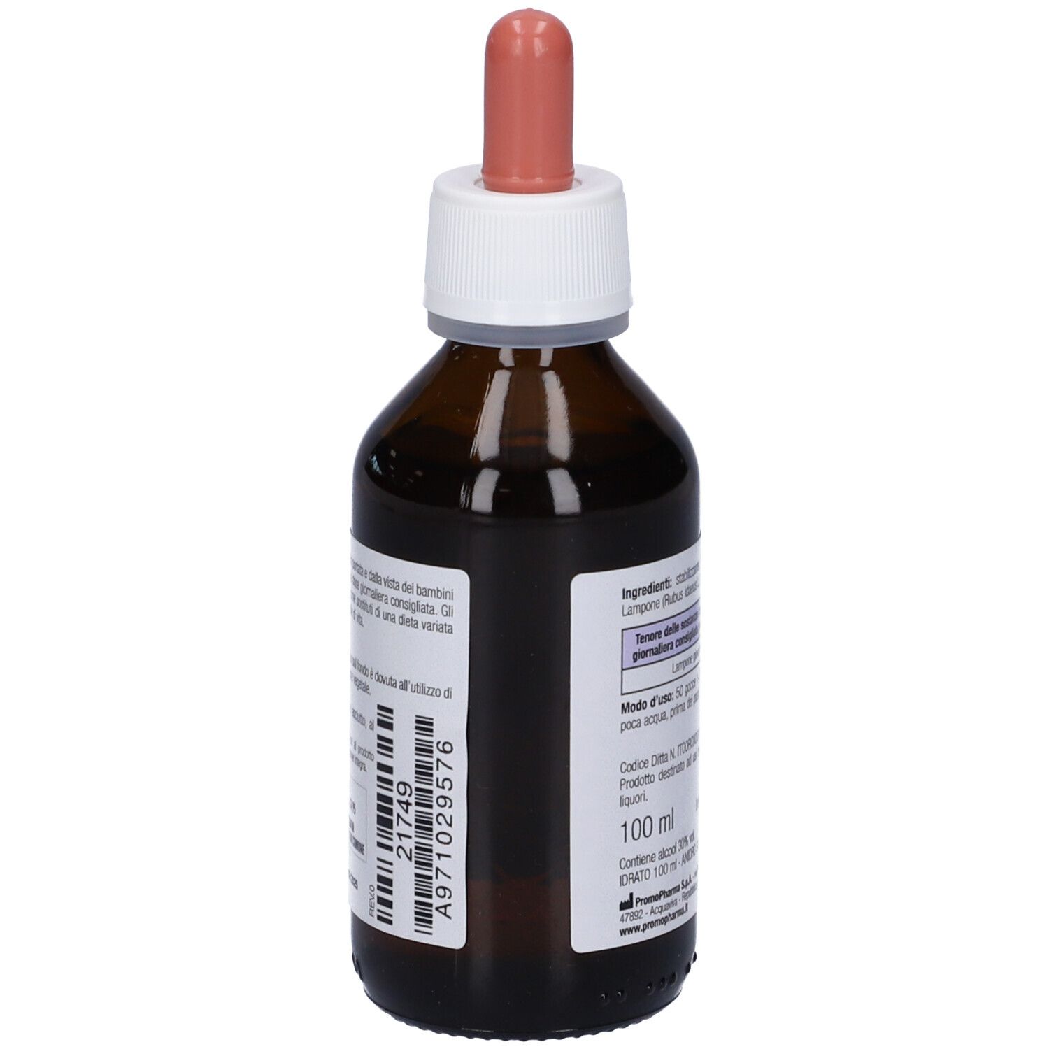 Flacone di vetro marrone con contagocce. Retro con testo e codice a barre. 100 ml.