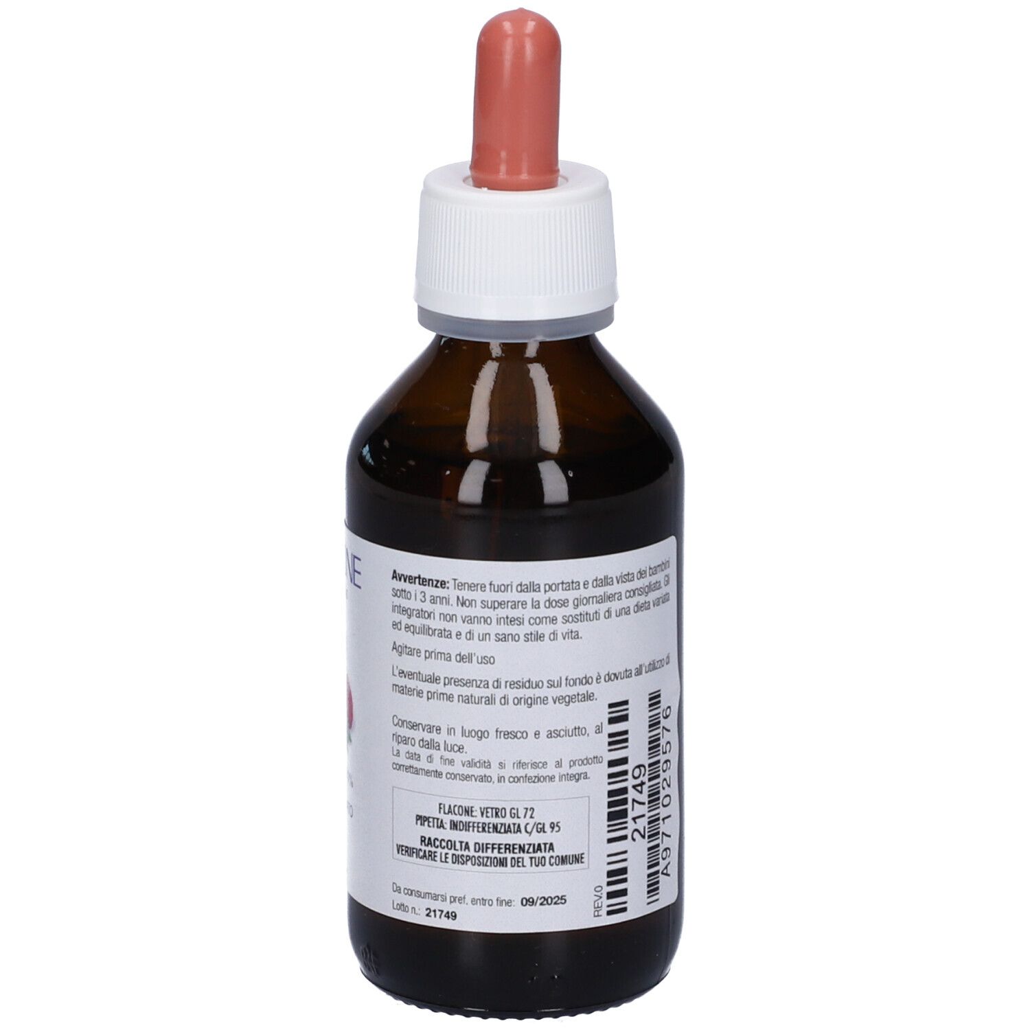 Flacone di vetro marrone con contagocce. Retro con testo, codice a barre e simboli di riciclaggio. 100 ml.