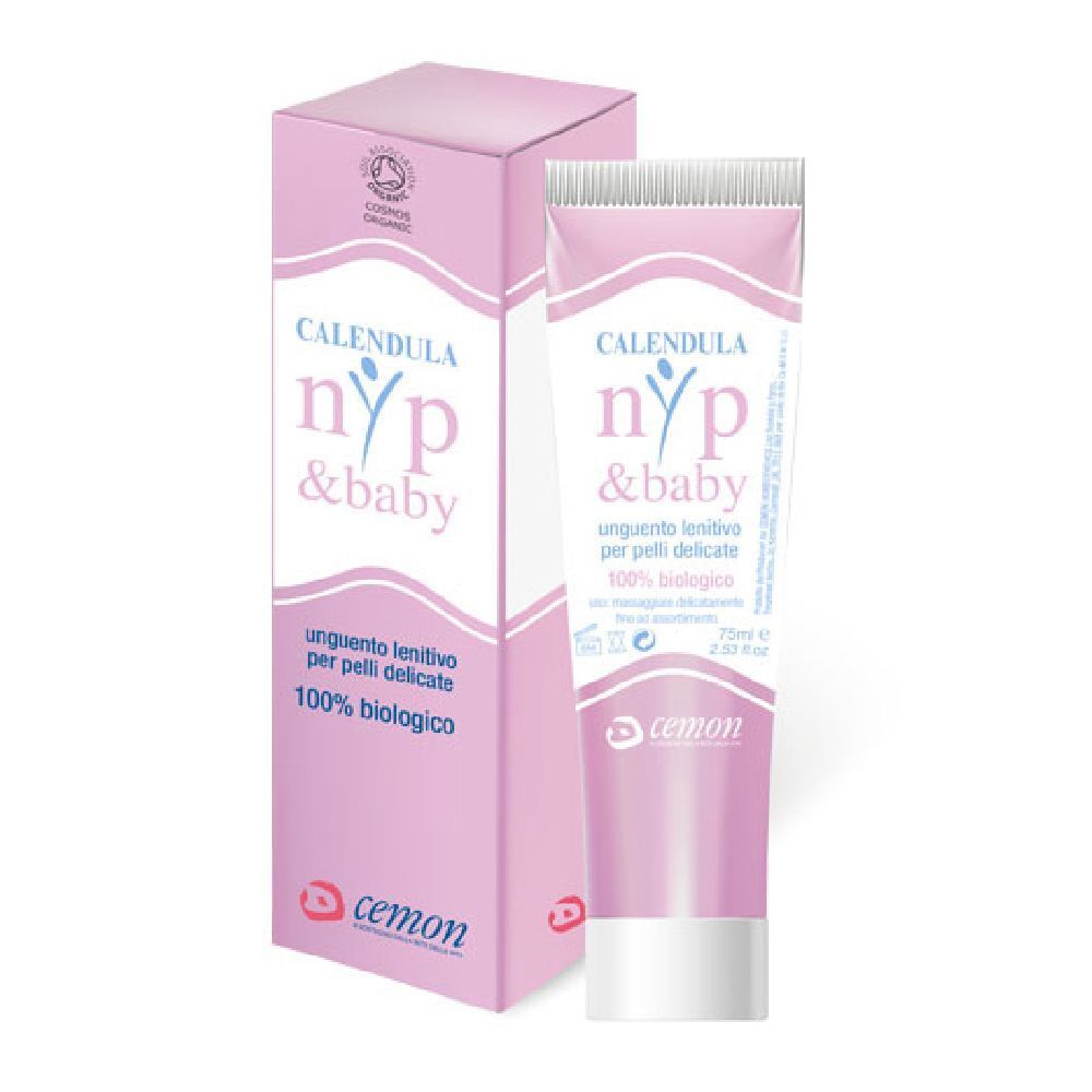 Tubo rosa con testo bianco. Scritta: Calendula nyp & baby, ungüento lenitivo per pelli delicate, 100% biologico. Logo Cemon.