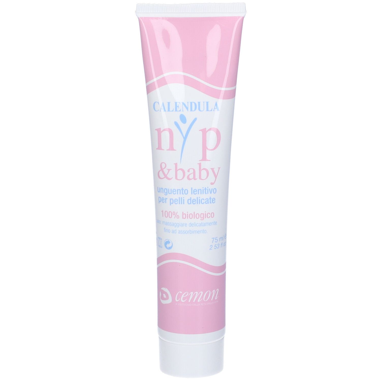 Tubo rosa con testo bianco. Scritta: Calendula nyp & baby, ungüento lenitivo per pelli delicate, 100% biologico. Logo Cemon.