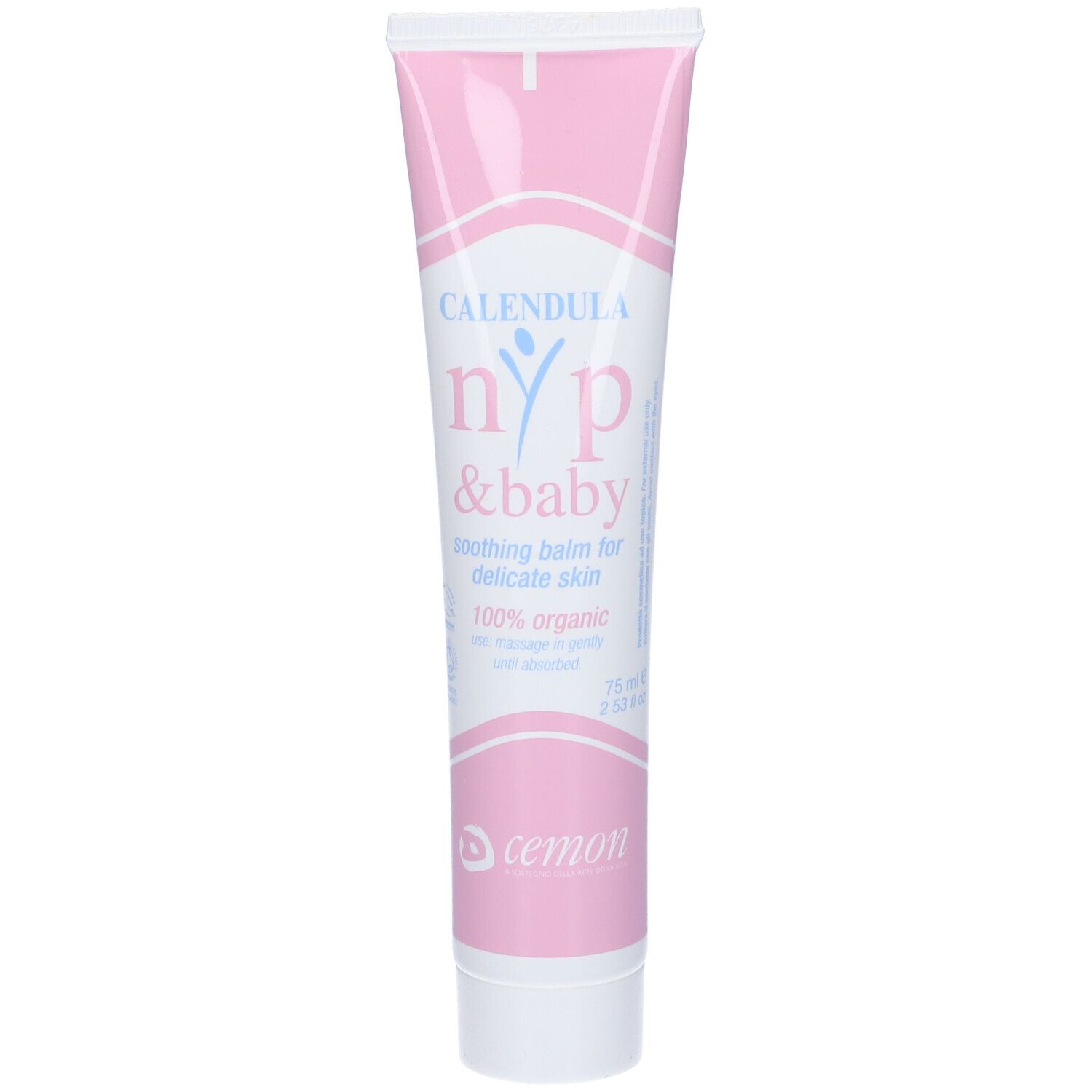Tubo rosa con testo bianco. Scritta: Calendula nyp & baby, soothing balm for delicate skin, 100% organic. Logo Cemon.