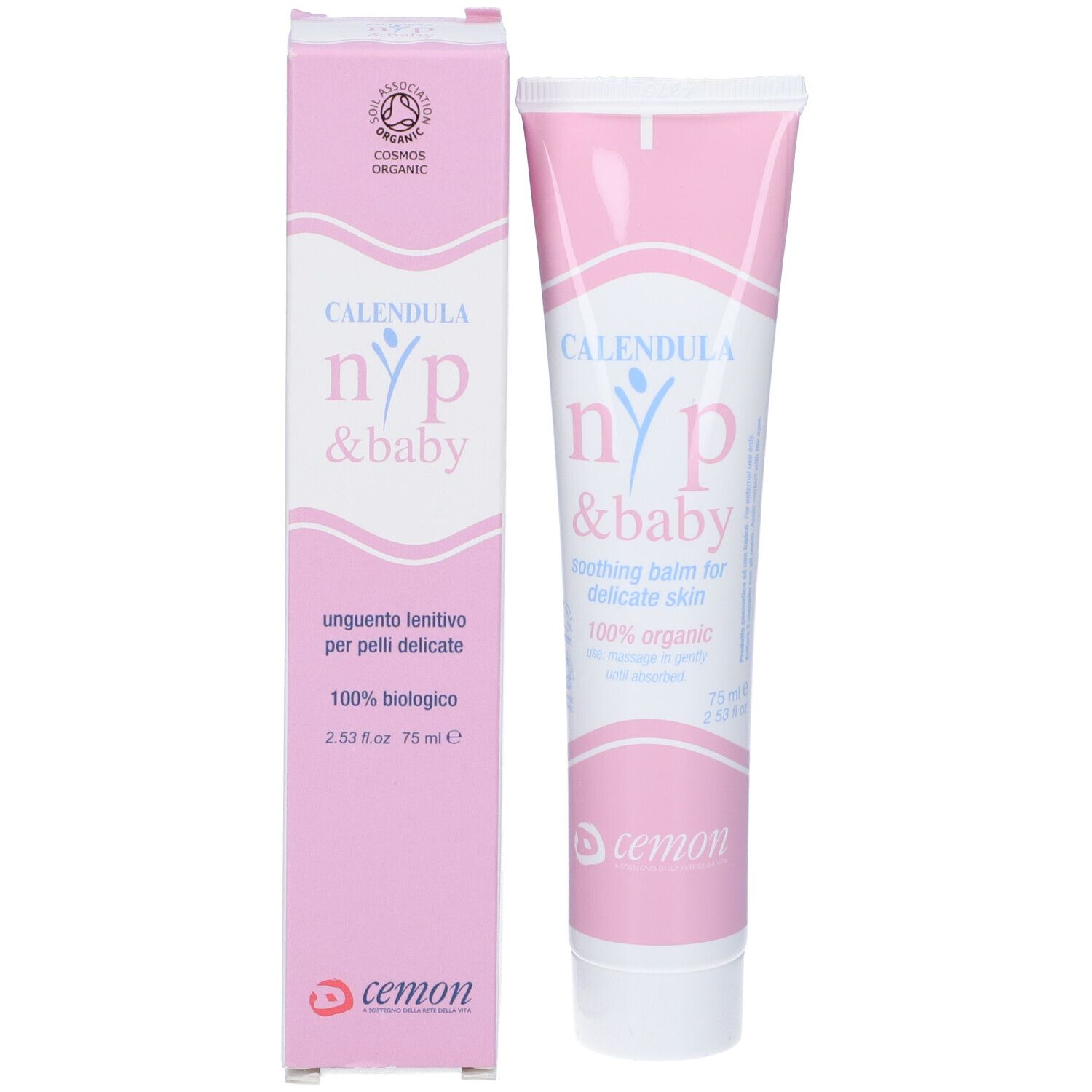 Scatola e tubo rosa. Scritta: Calendula nyp & baby, ungüento lenitivo per pelli delicate, 100% biologico. Logo Cemon. Cosmos Organic.