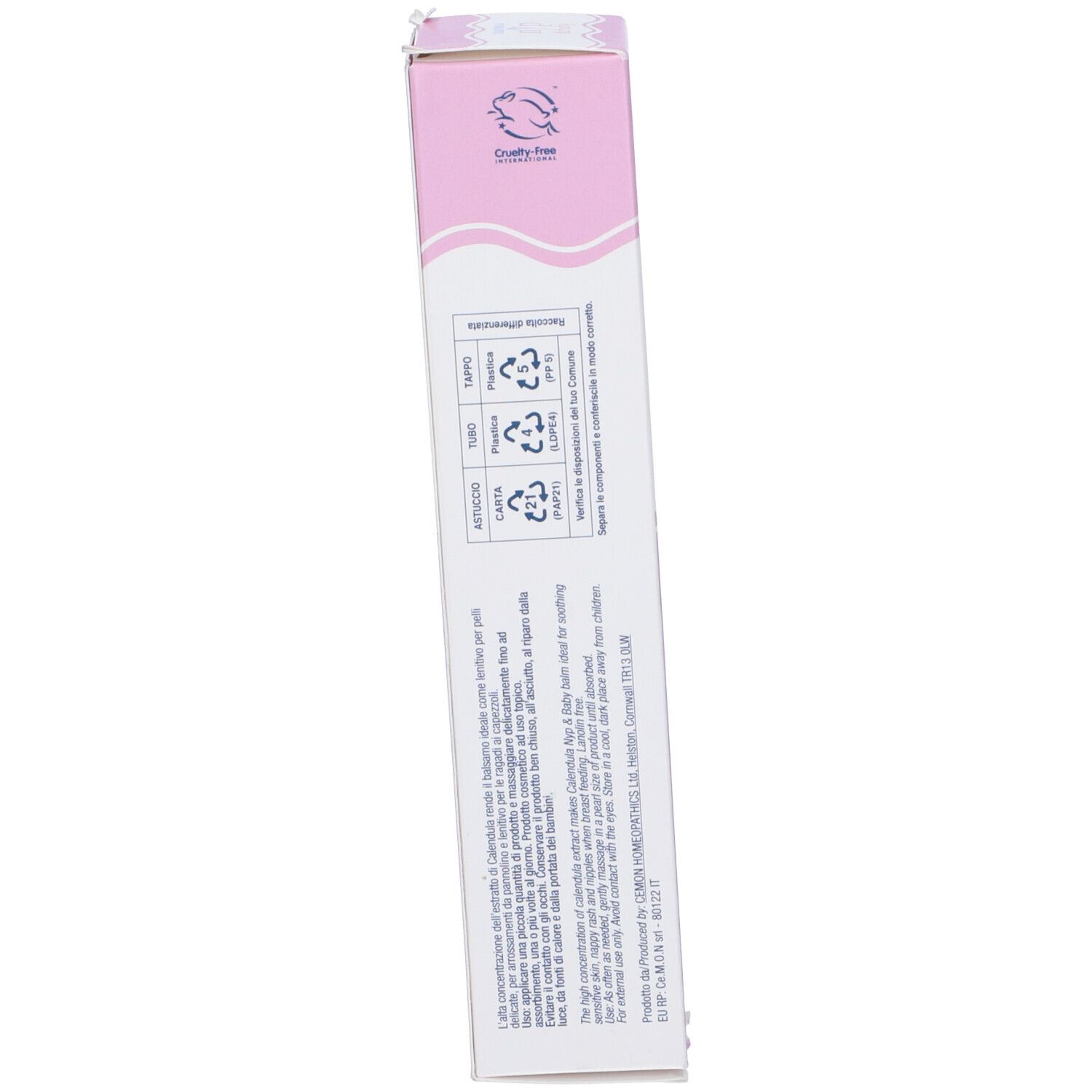 Scatola, in diagonale. Scritta: Cruelty Free. Testo e loghi. Retro con ingredienti e informazioni.