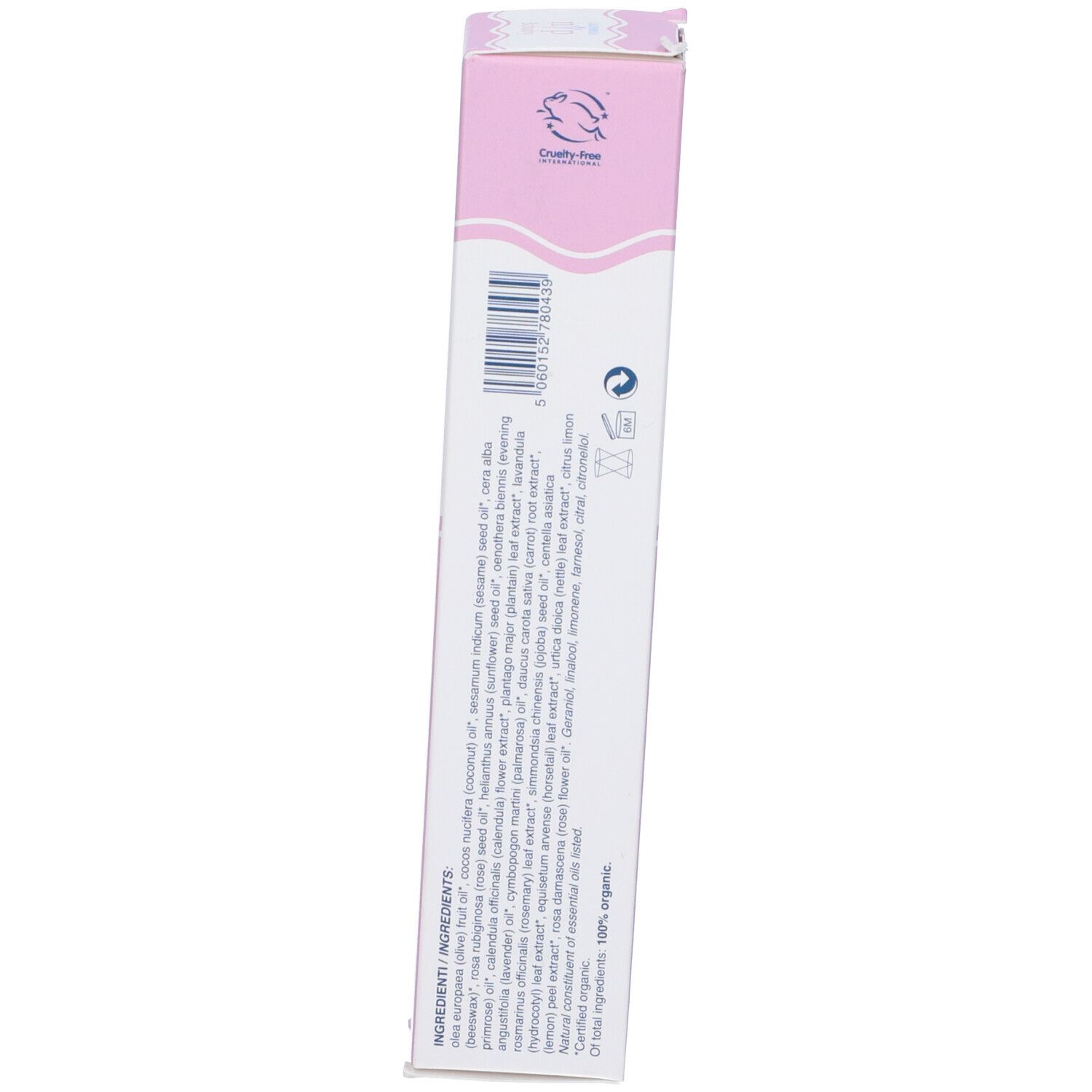 Scatola, in diagonale. Retro con ingredienti, testo e loghi. Cruelty Free.