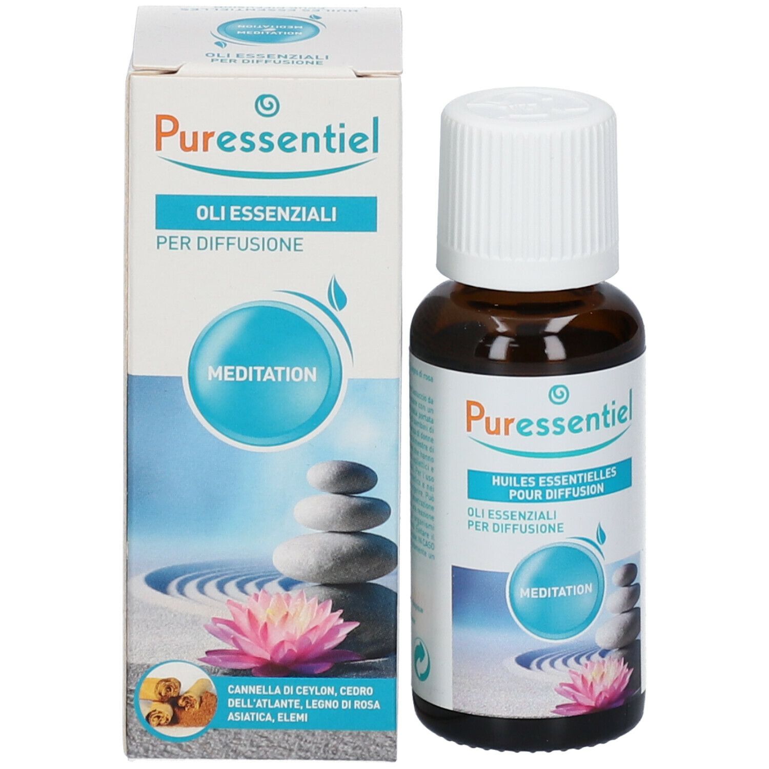 Flacone di vetro marrone con tappo bianco e confezione. Scritta: Puressentiel, Meditazione.