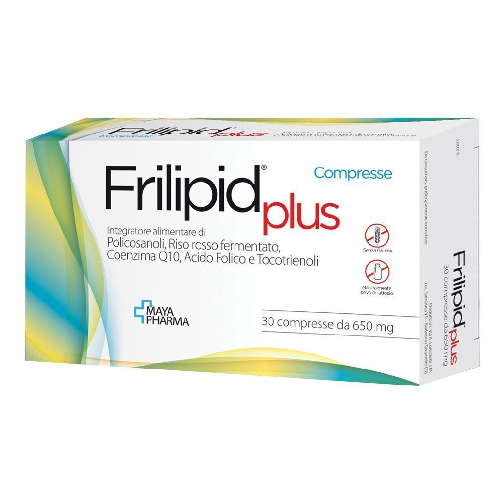 Confezione di Frilipid Plus. Scatola bianca con nome e ingredienti. 30 compresse.