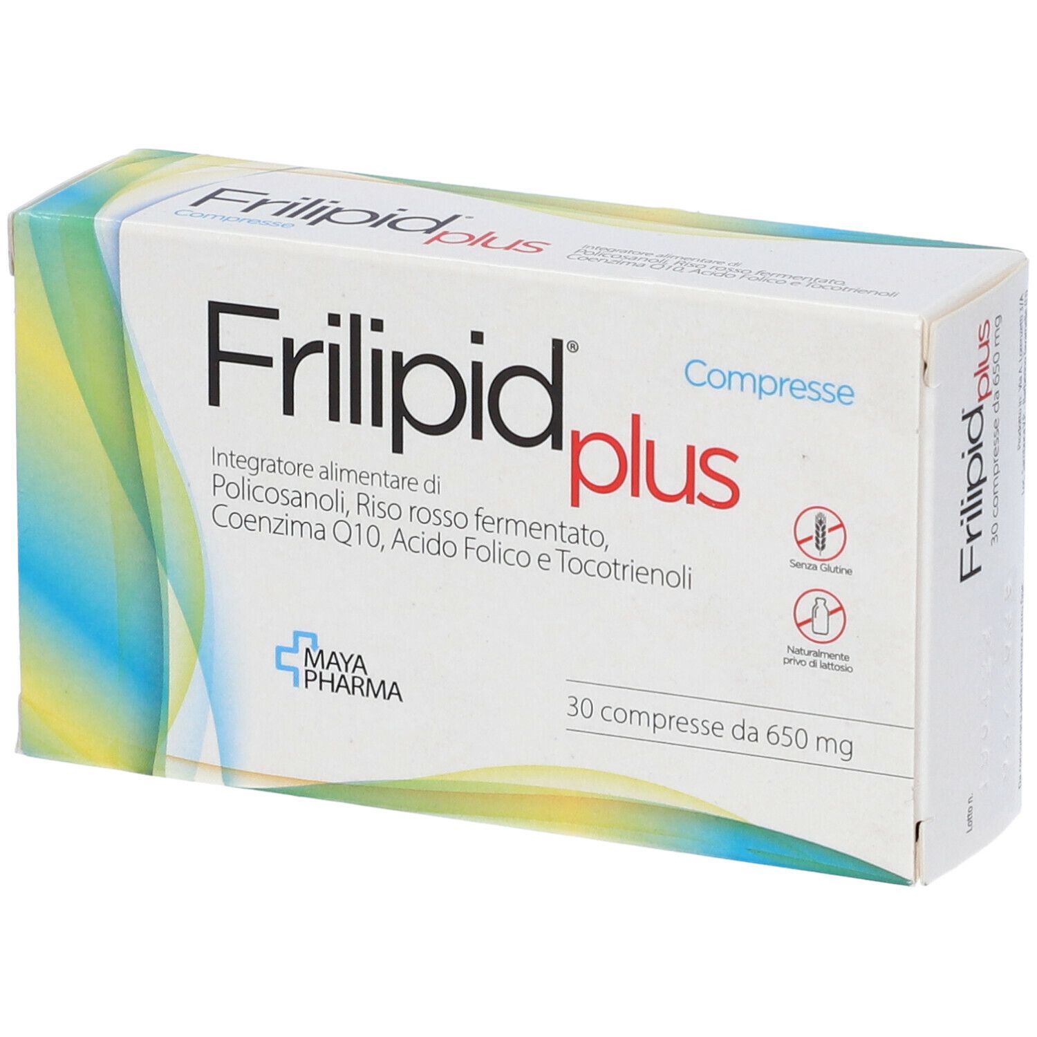 Confezione Frilipid Plus. Scatola bianca con nome e ingredienti. 30 compresse.