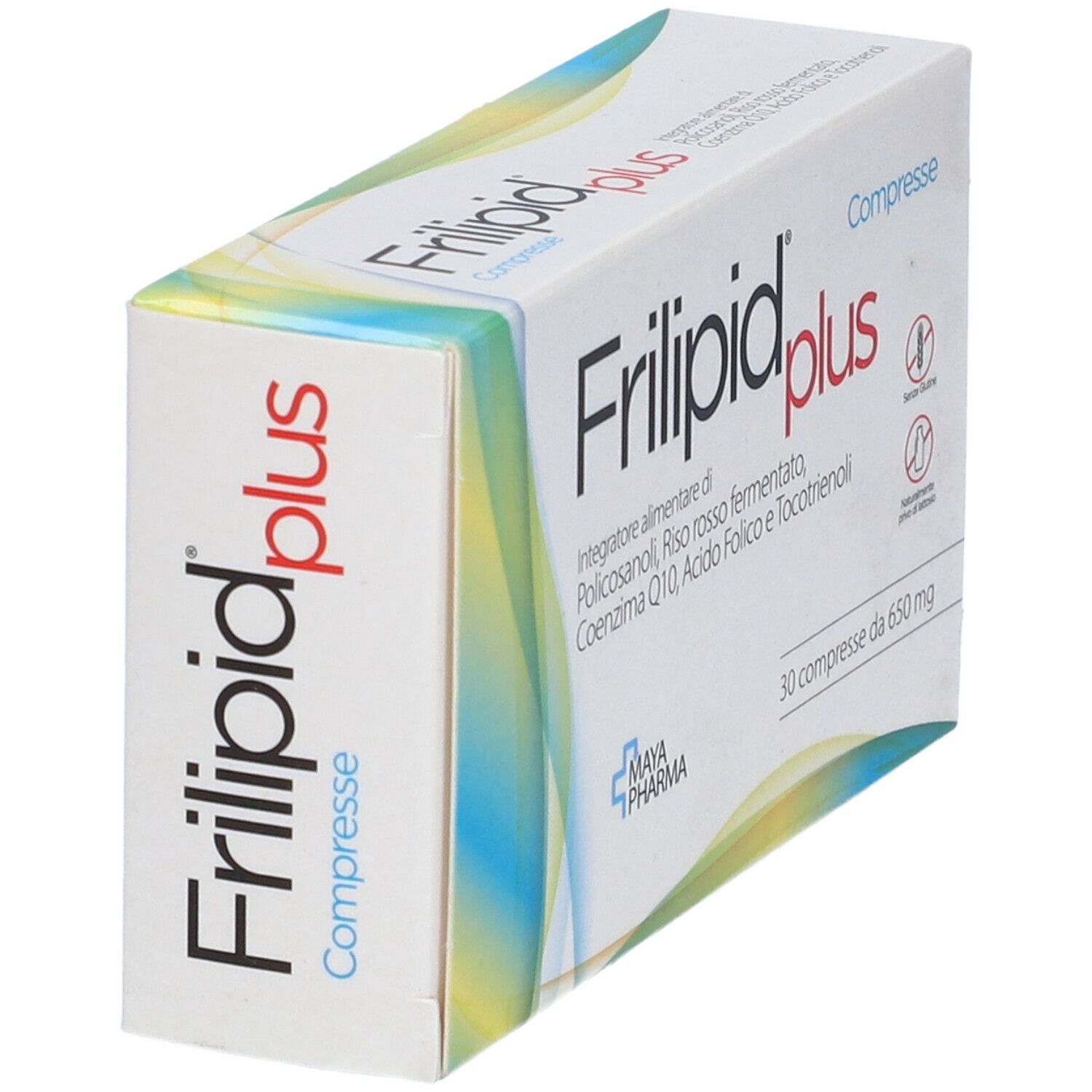 Confezione Frilipid Plus. Scatola bianca con nome e ingredienti. 30 compresse.
