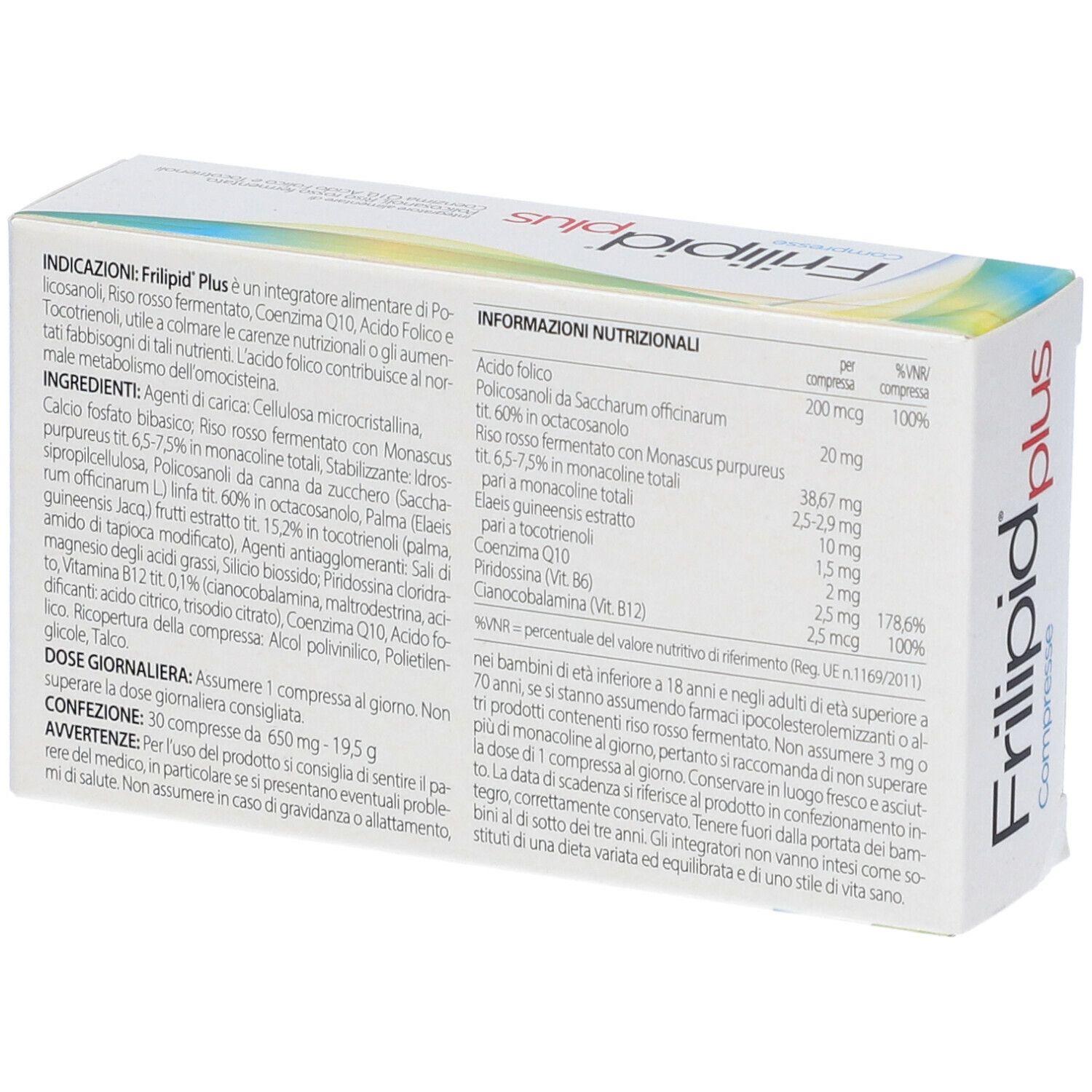 Retro della confezione Frilipid Plus. Testo con ingredienti e informazioni nutrizionali. Scatola bianca.