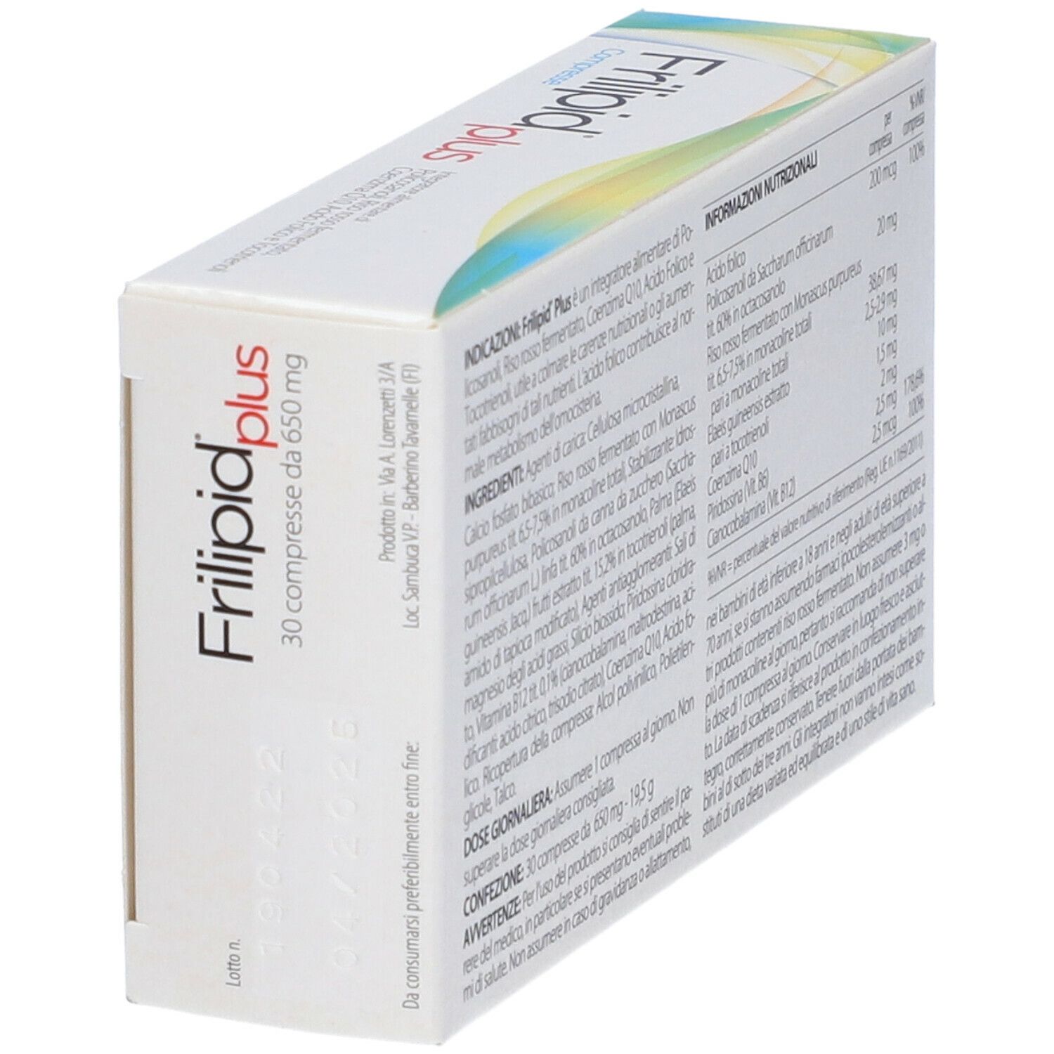 Lato della confezione Frilipid Plus. Testo con ingredienti e data di scadenza. Scatola bianca.