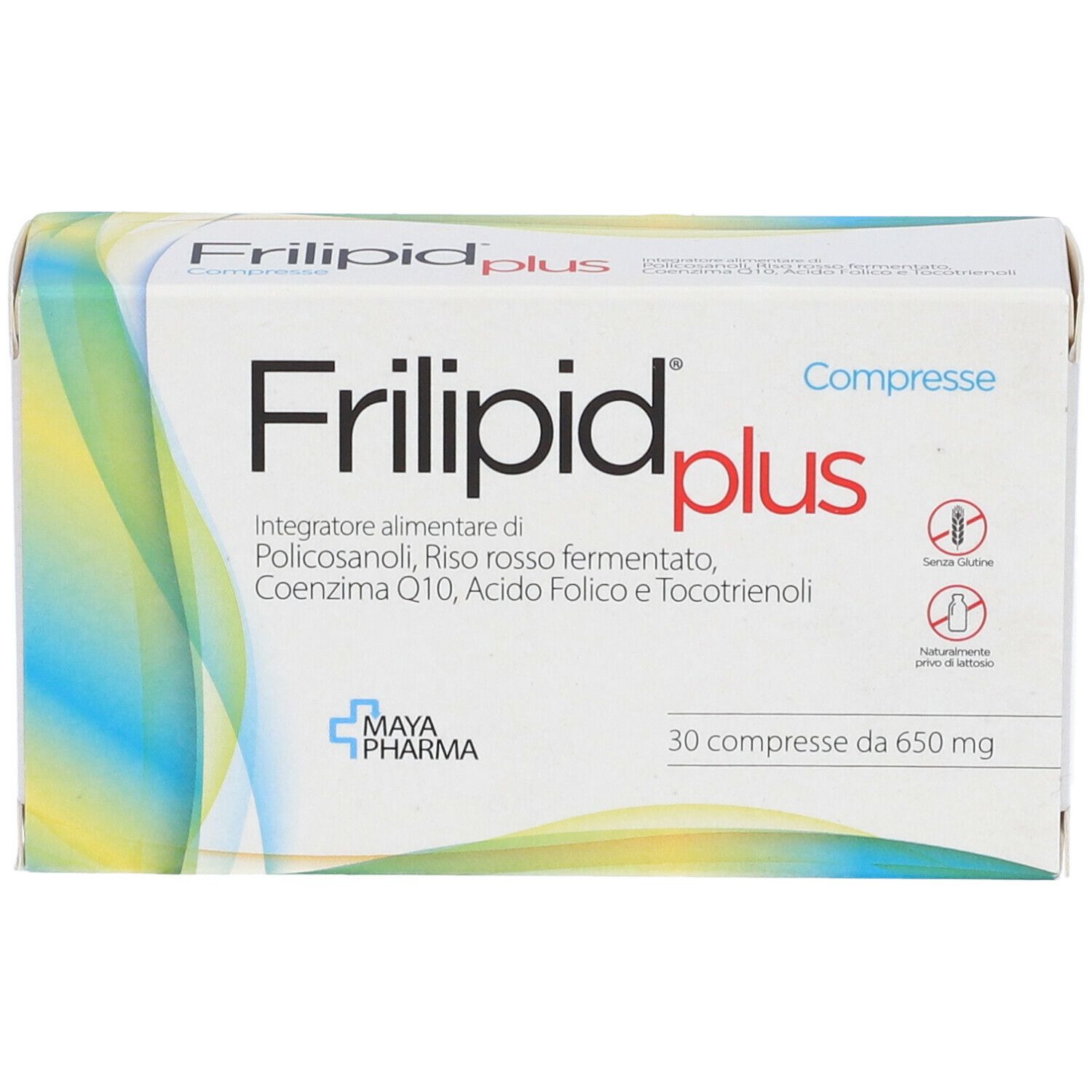 Confezione Frilipid Plus. Scatola bianca con nome e ingredienti. 30 compresse.