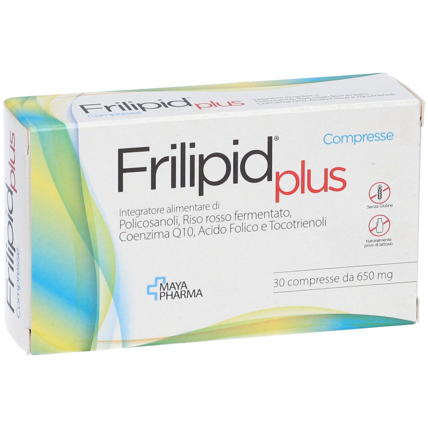 Confezione Frilipid Plus. Scatola bianca con nome e ingredienti. 30 compresse.