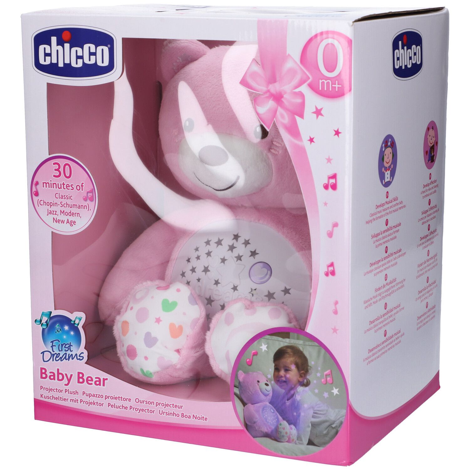 Chicco Baby Orsetto Rosa in confezione. Orsetto rosa con proiettore stelle, fiocco e etichetta 0+. Finestra visibile.