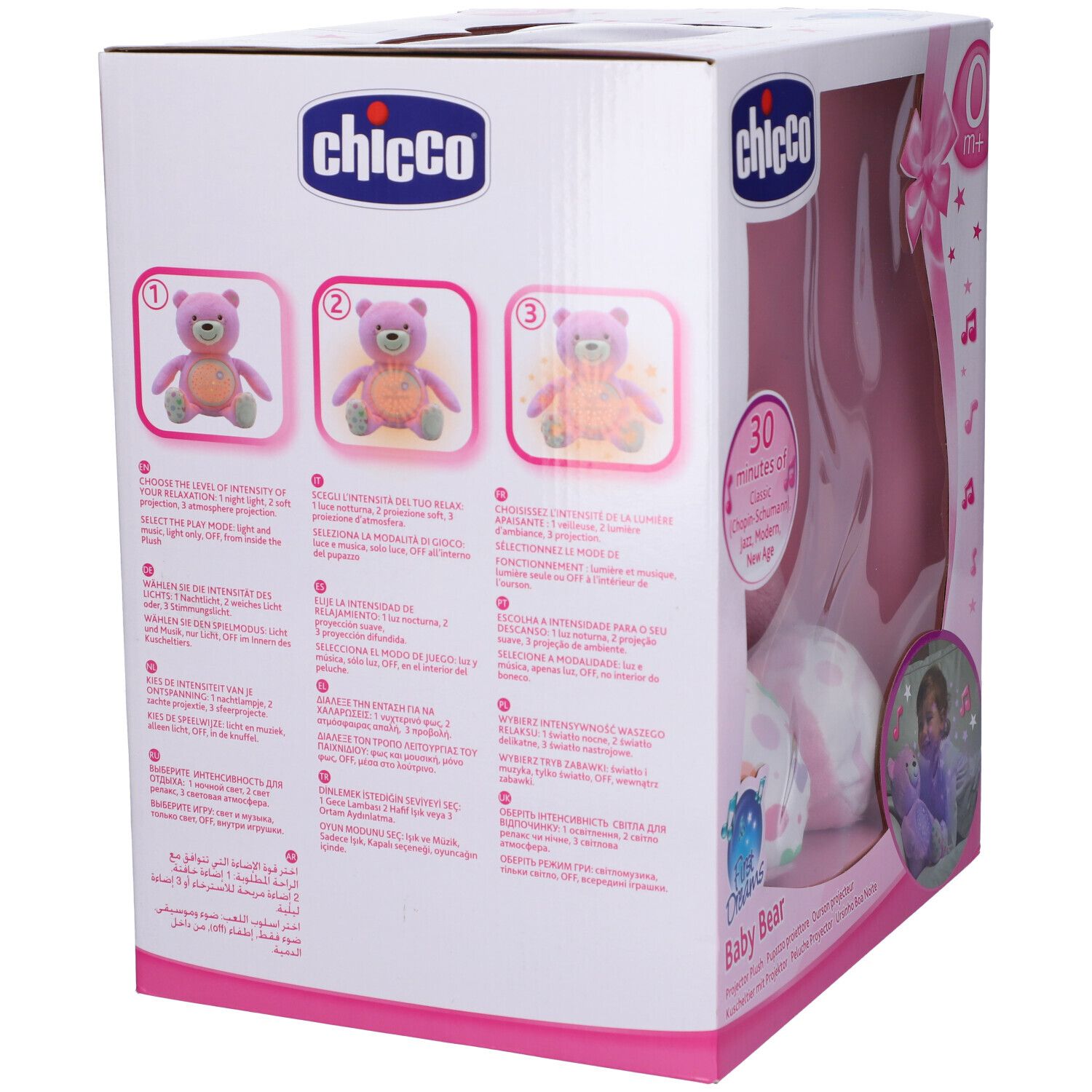 Retro della confezione Chicco Baby Orsetto Rosa. Illustrazioni dell'orsetto in diverse modalità. Testo multilingue.