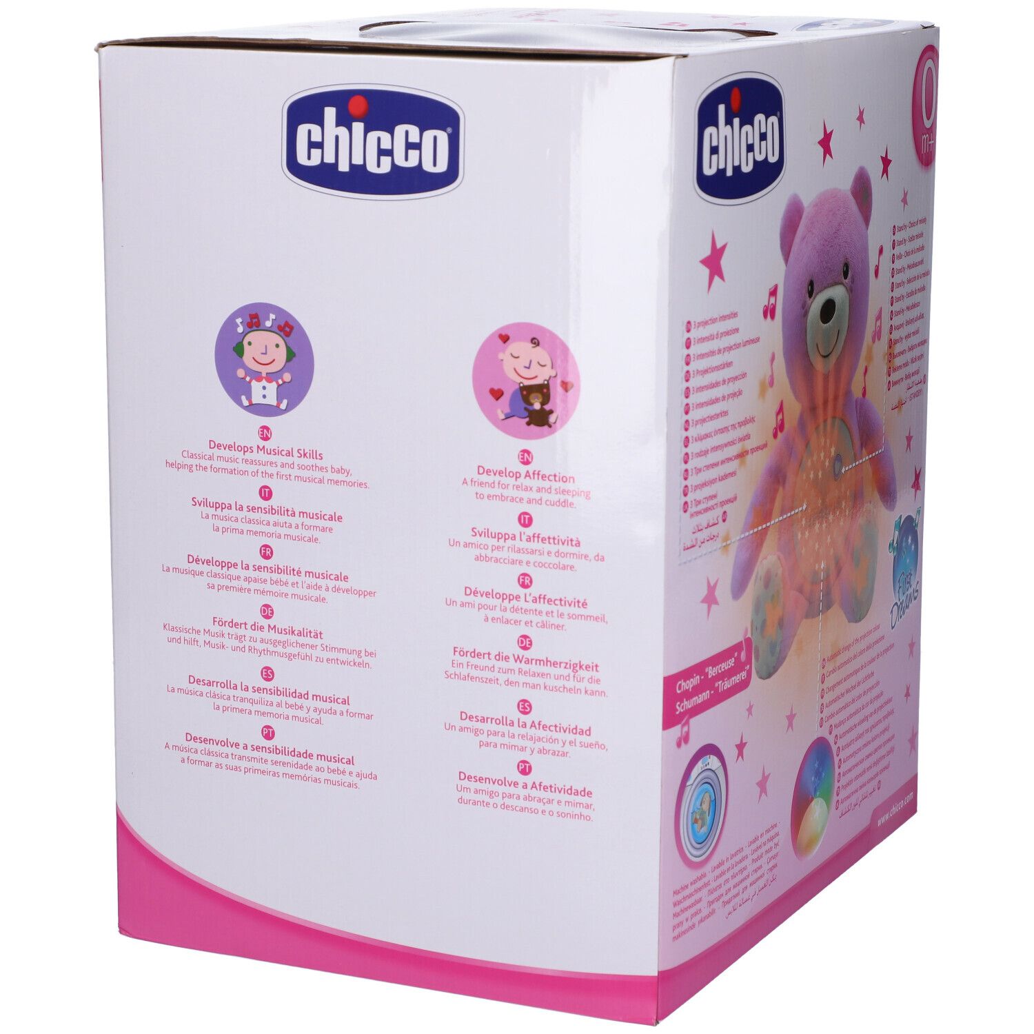 Retro della confezione Chicco Baby Orsetto Rosa. Illustrazioni e testo sulle capacità musicali e l'affetto.