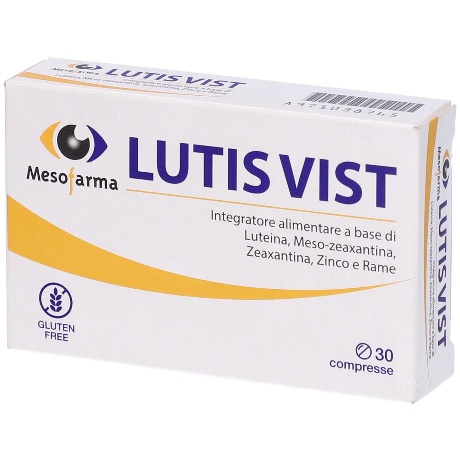 Scatola LutisVist, logo Meso farma, 30 compresse, senza glutine. Ingredienti: Luteina, Zeaxantina, Zinco, Rame.