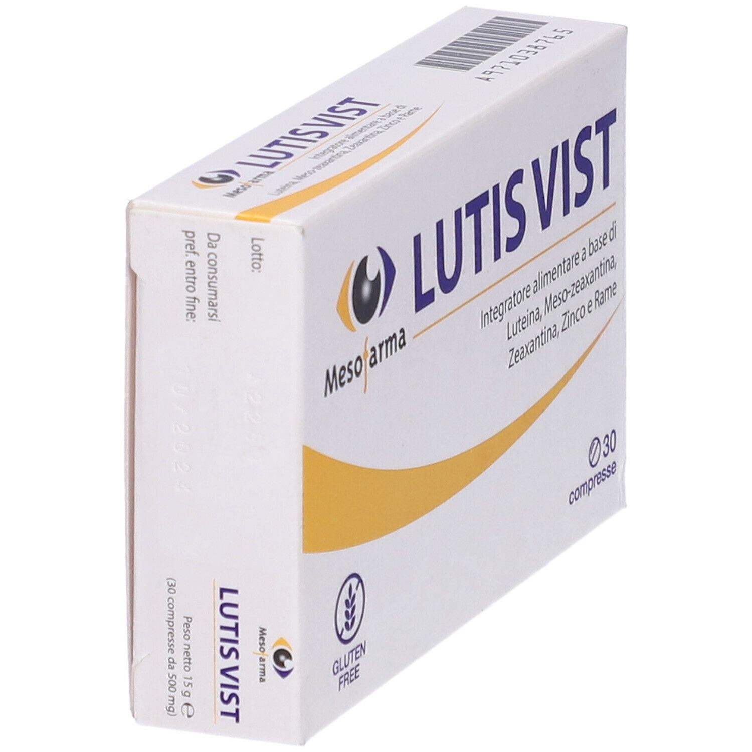 Scatola LutisVist, logo Meso farma, 30 compresse, senza glutine. Ingredienti: Luteina, Zeaxantina, Zinco, Rame.
