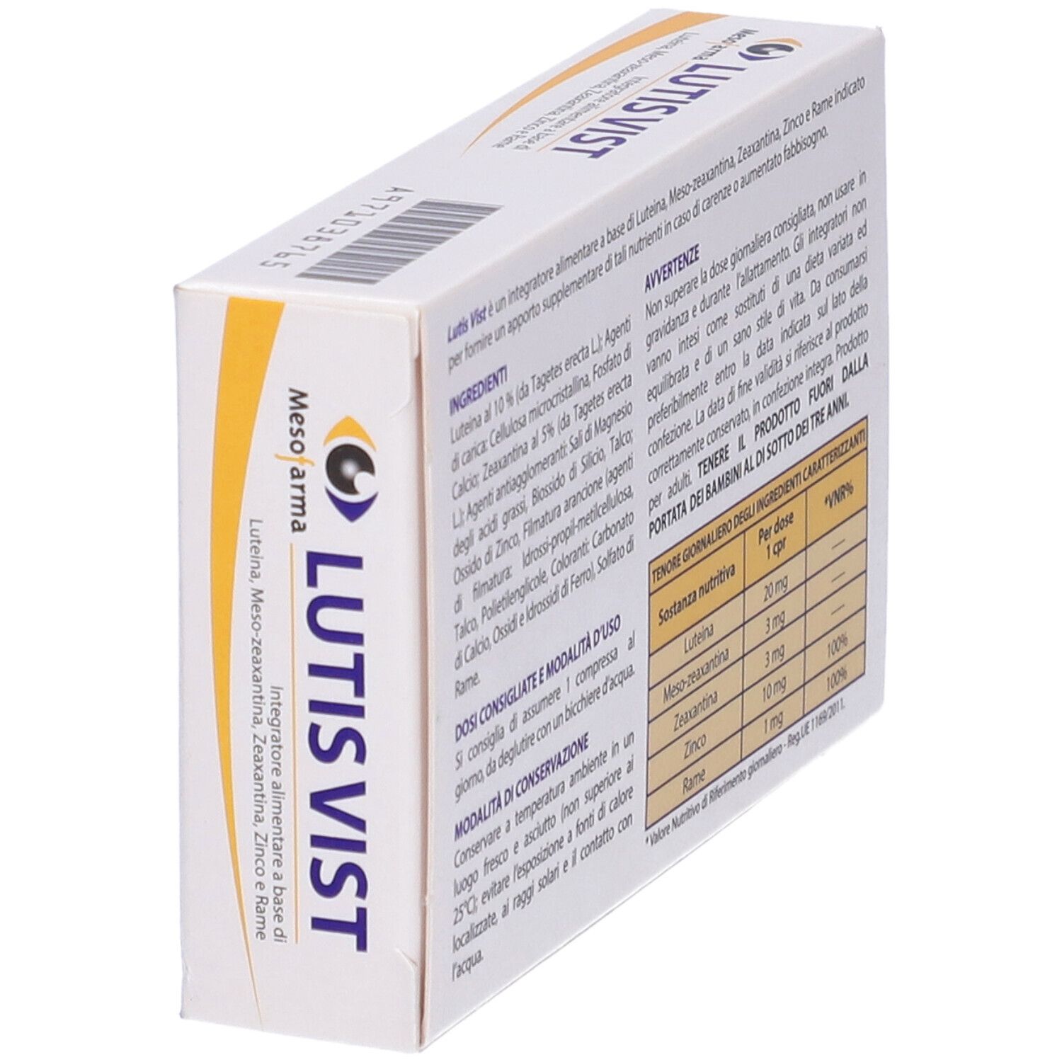 Scatola LutisVist, logo Meso farma, ingredienti, dosaggio, avvertenze e tabella nutrizionale.