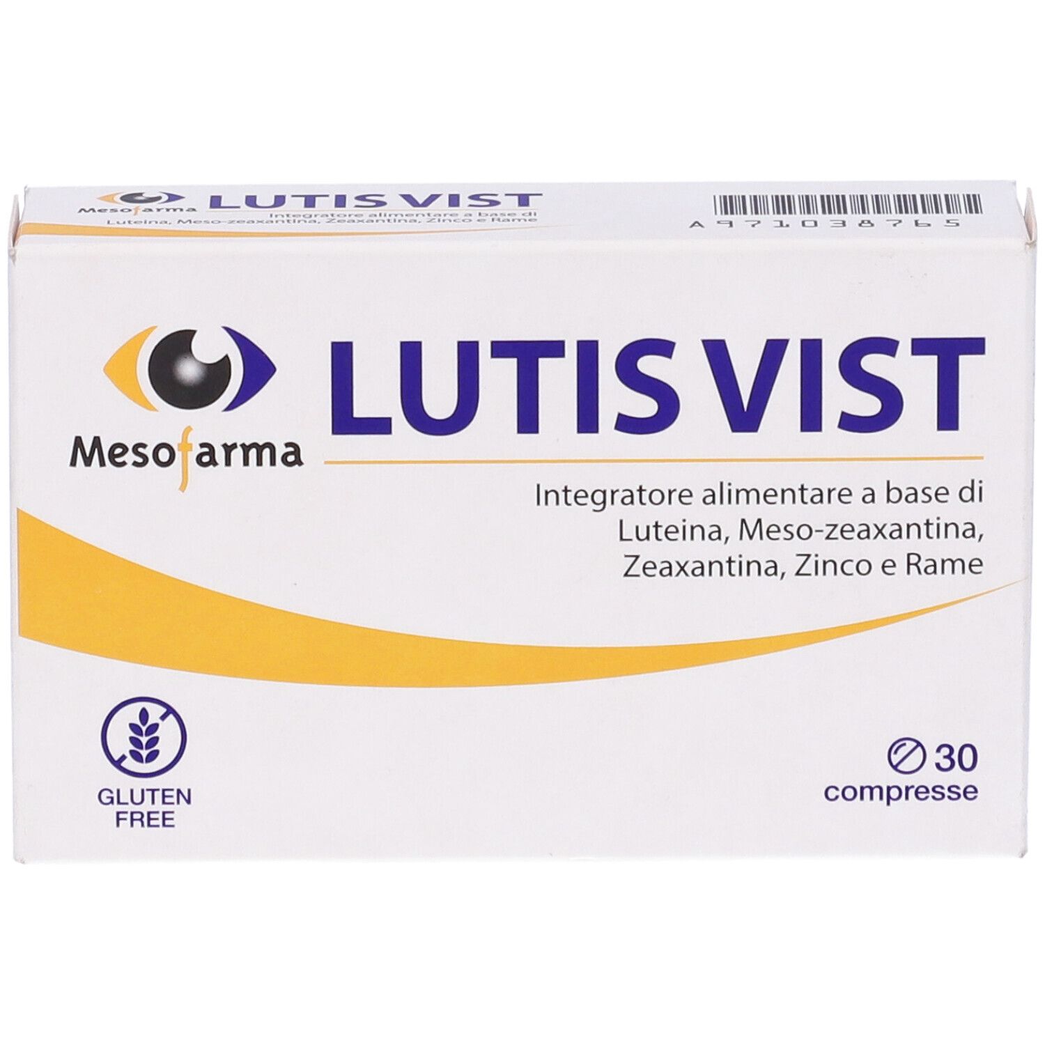 Scatola LutisVist, logo Meso farma, 30 compresse, senza glutine. Ingredienti: Luteina, Zeaxantina, Zinco, Rame.