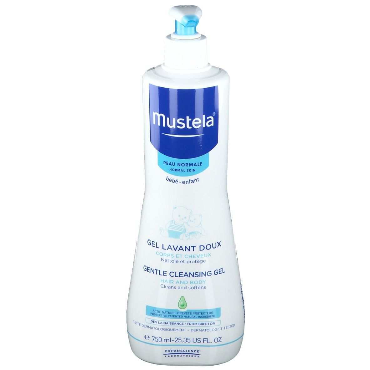 Flacone bianco con dosatore blu. Scritta Mustela, Gel Lavant Doux, per pelle normale.
