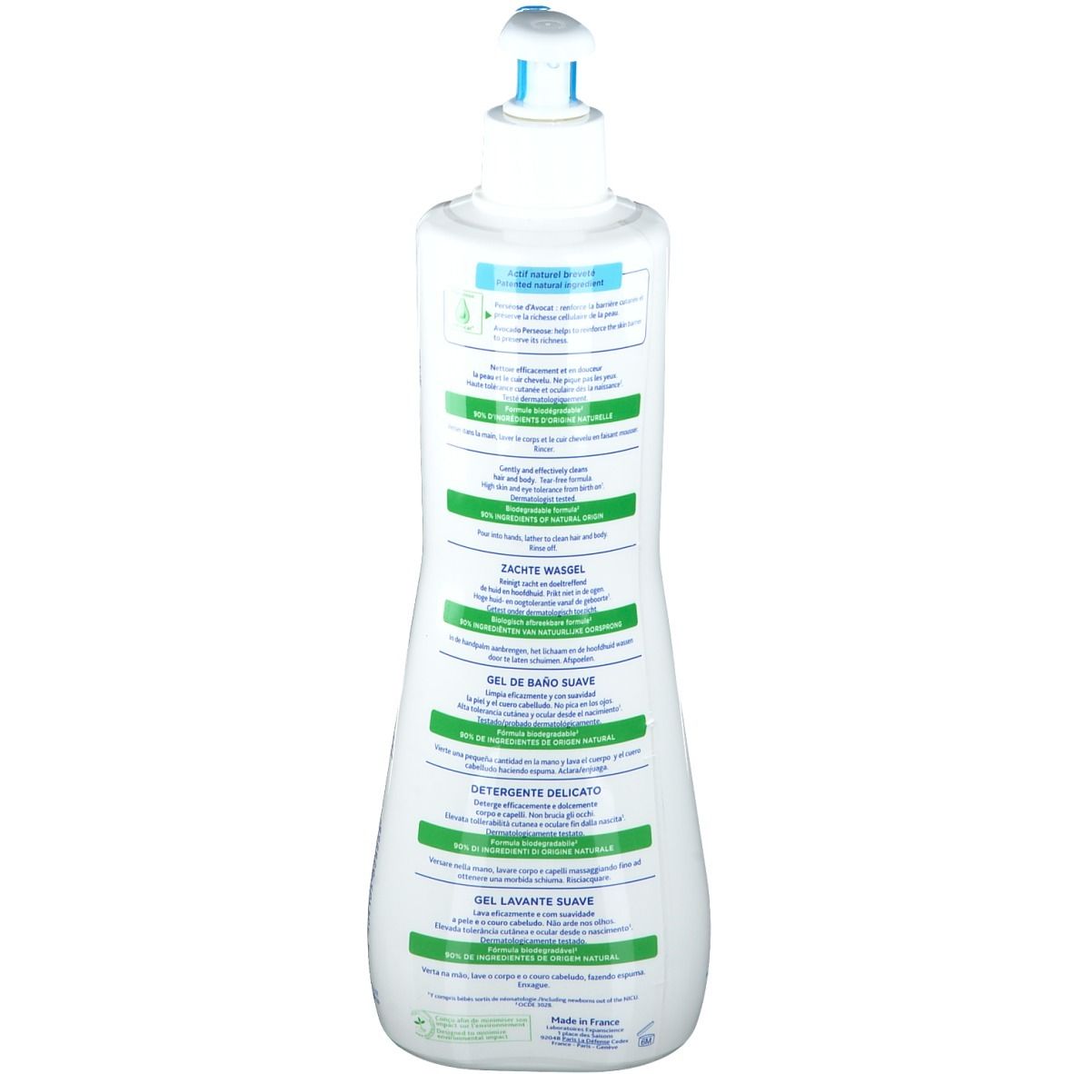 Retro del flacone bianco. Testo multilingue, scritte verdi e blu.