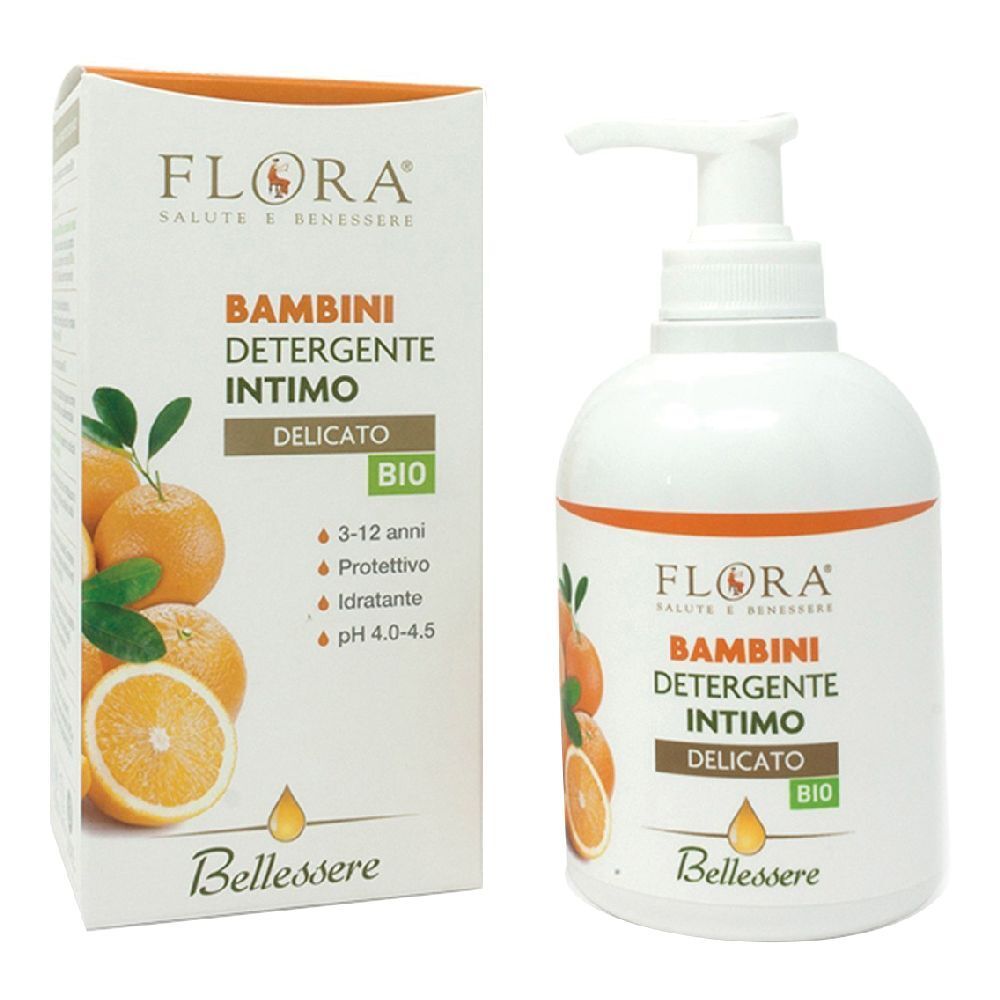 Flacone bianco con pompa e scatola. Scritta: Detergente Intimo, Delicato, Bio. Illustrazione: arance.