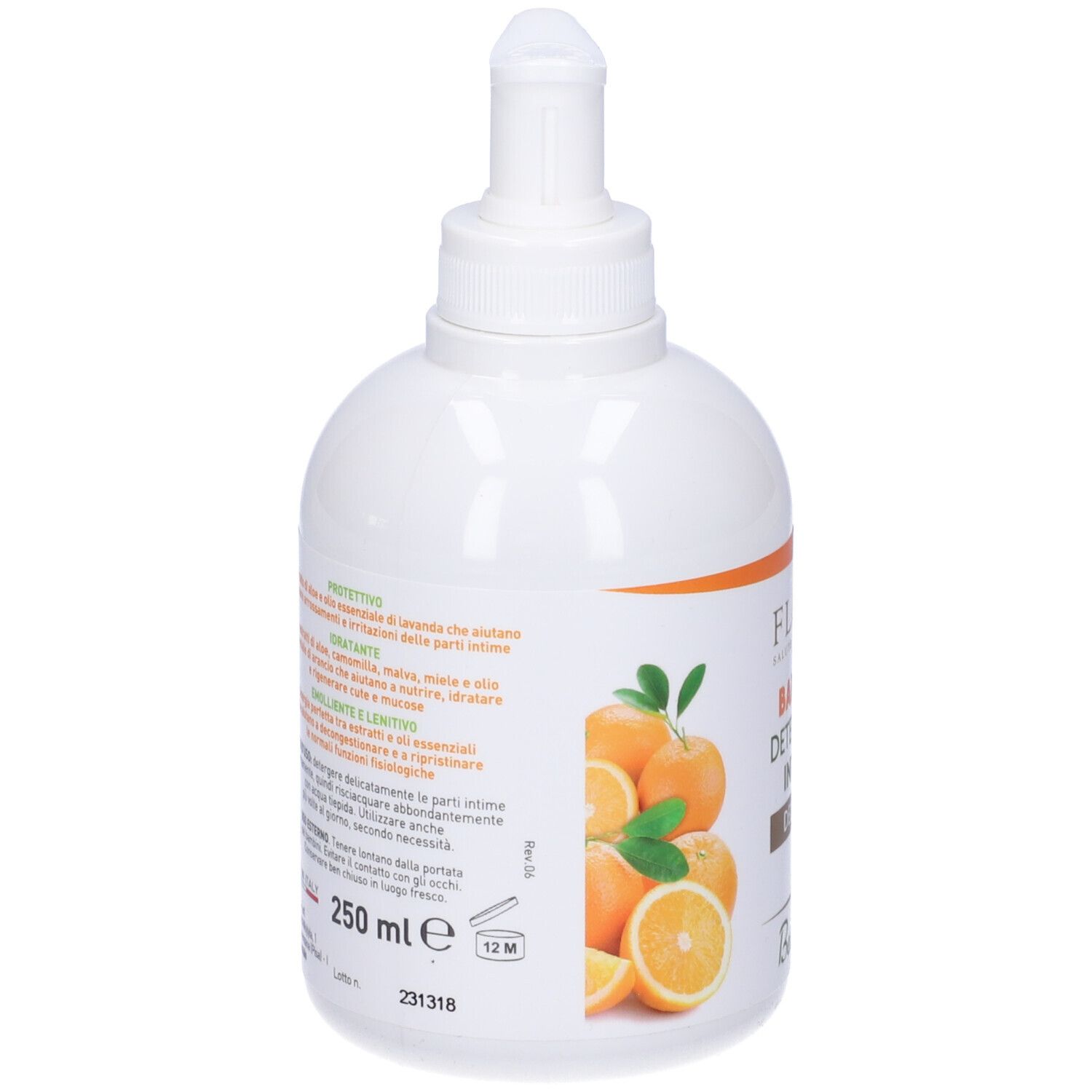 Retro di un flacone bianco con pompa. Testo: Detergente Intimo, ingredienti, certificazione bio, 250 ml.