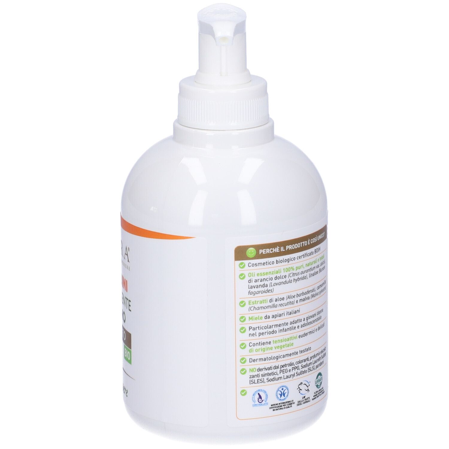 Flacone bianco con pompa. Scritta: Detergente Intimo, Delicato, Bio. Illustrazione: arance.