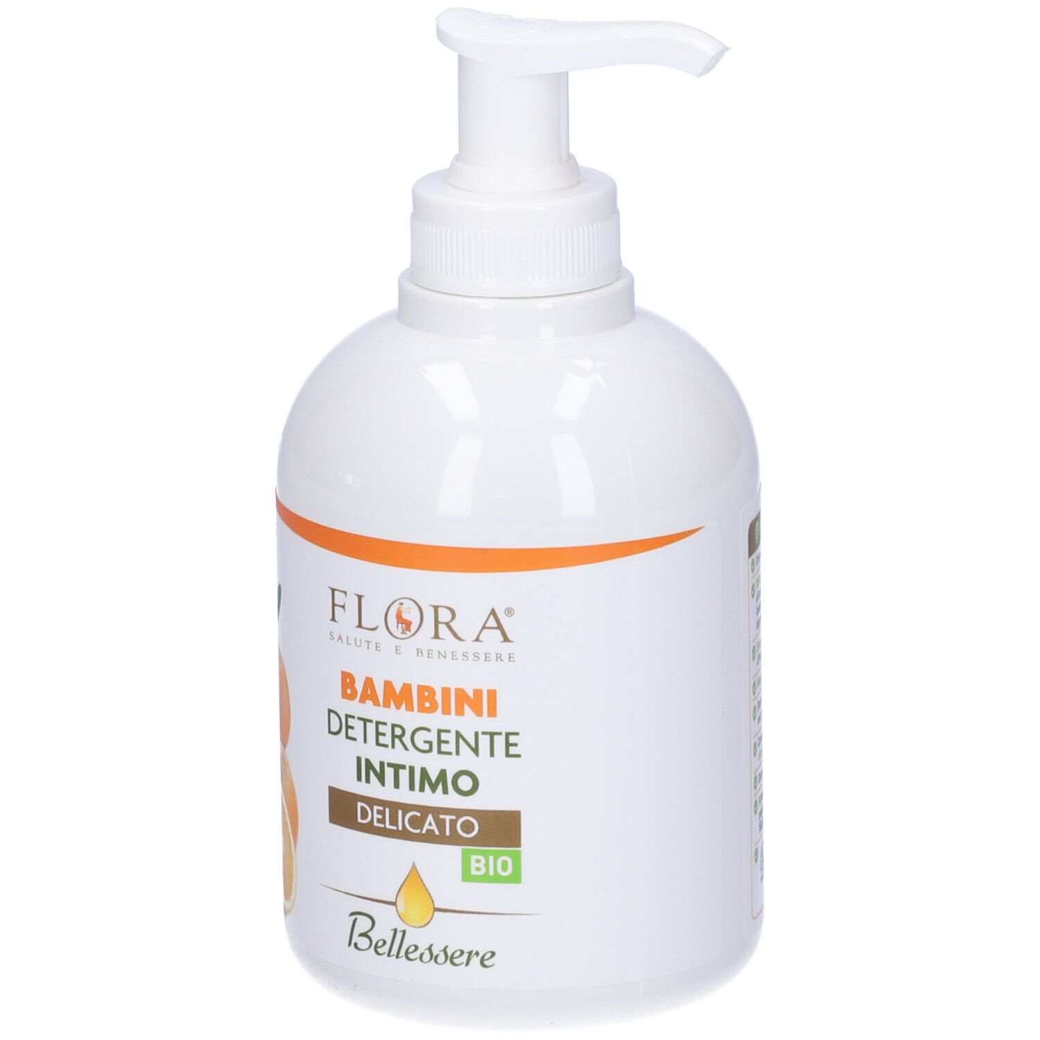 Flacone bianco con pompa. Scritta: Detergente Intimo, Delicato, Bio. Illustrazione: arance.